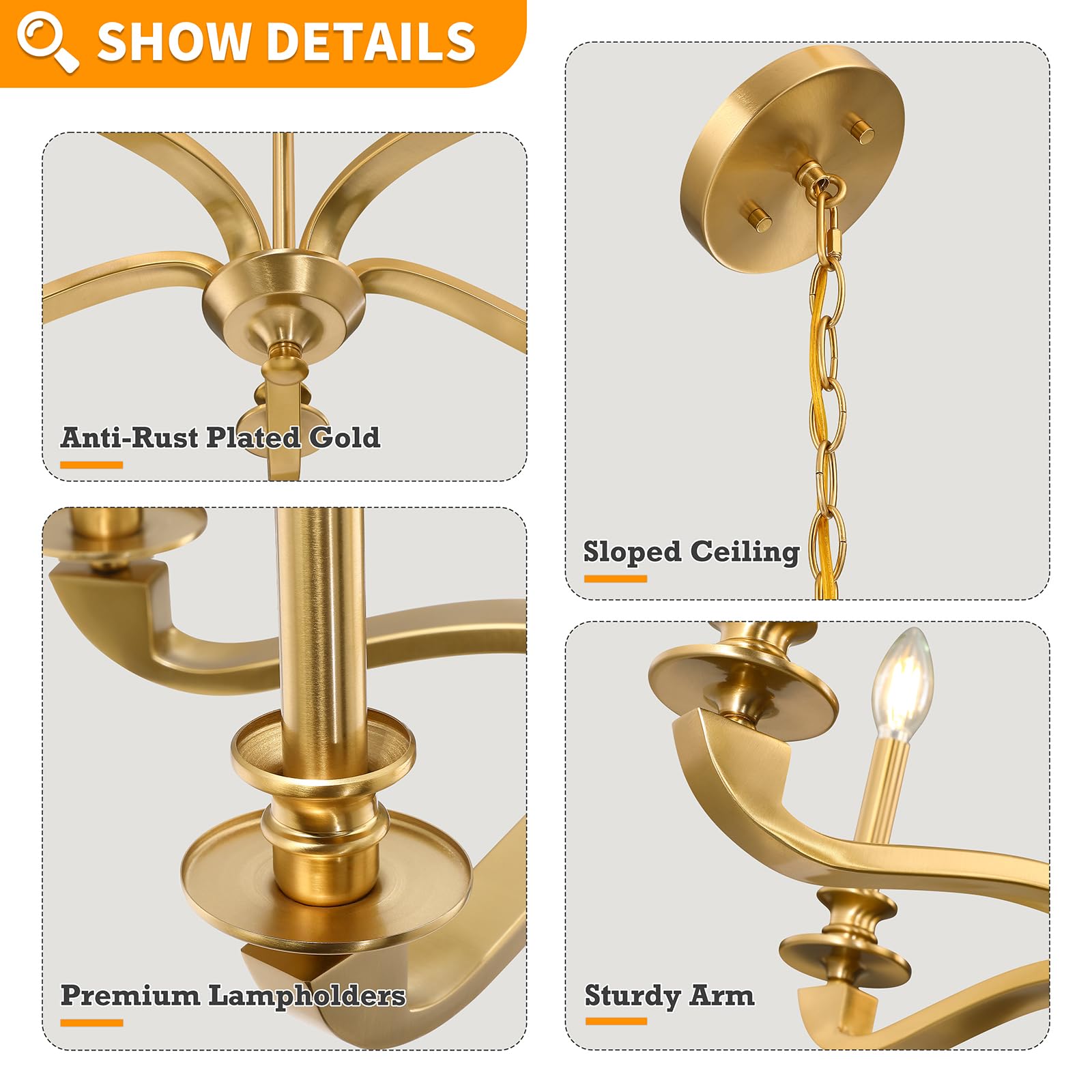 Gold Chandeliers For Dining Room, 25.5 Inch Vintage Gold Chandelier Light Fixture Over Table, Farmhouse Candle Chandeliers, 5-Li