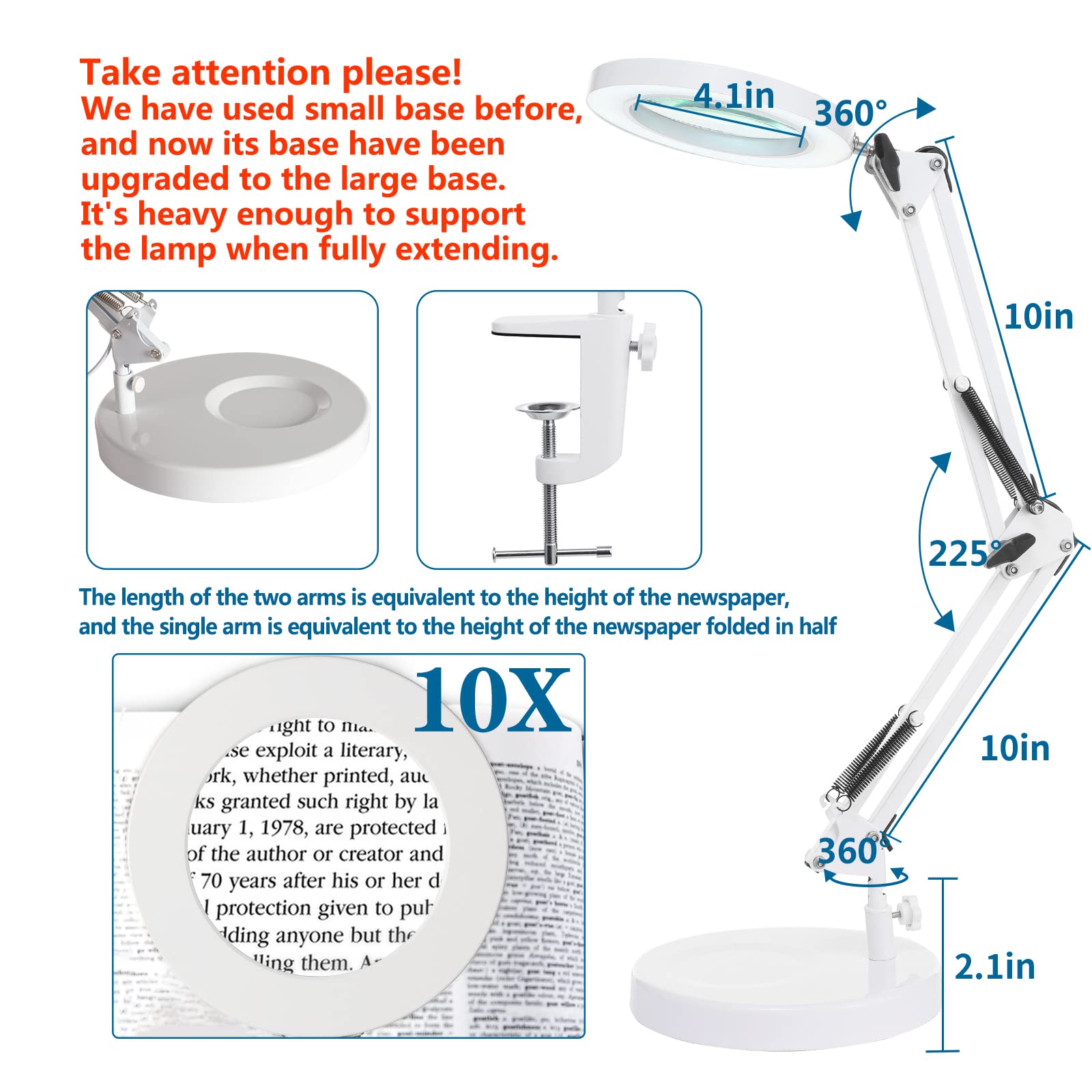 10X Magnifying Glass With Light, Hitti 1,800 Lumens Stepless Dimmable, 3 Color Modes, 4.2 Real Glass Lens Led Magnifying Desk Lamp & Clamp, Magnifier Light And Stand For Crafts Close Work-White