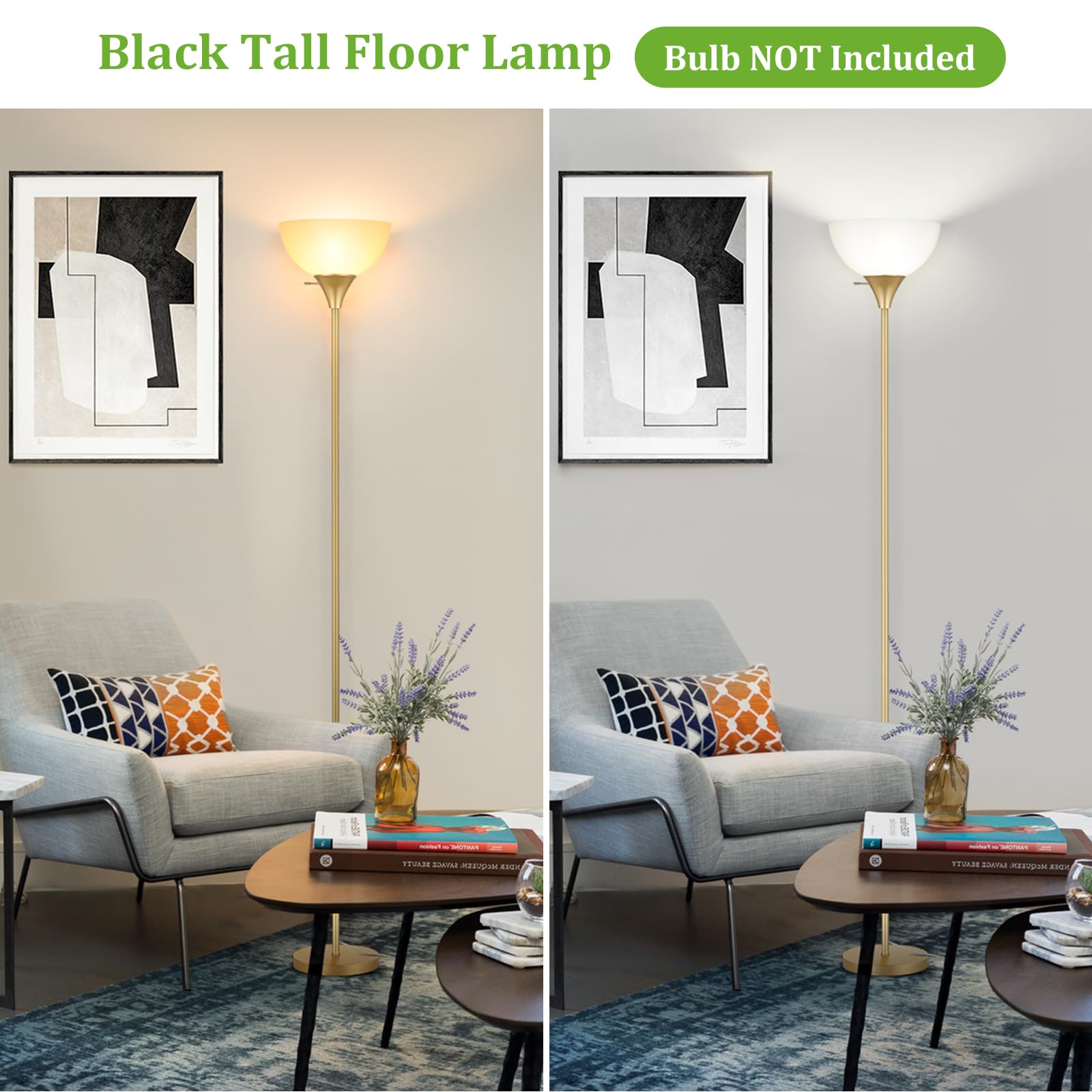 Coucrek LED Floor Lamp, Gold Metal with White Plastic Shade, Rotary Switch, Model F073