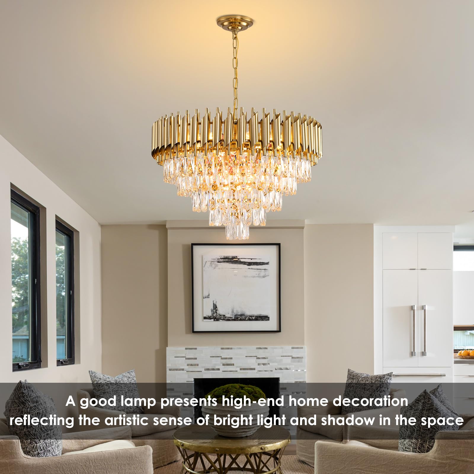 Akdxirun Gold Crystal Chandeliers Modern Round Chandelier For Dining Room 5 Tiers Ceiling Pendant Light Fixtures Large Ceiling C