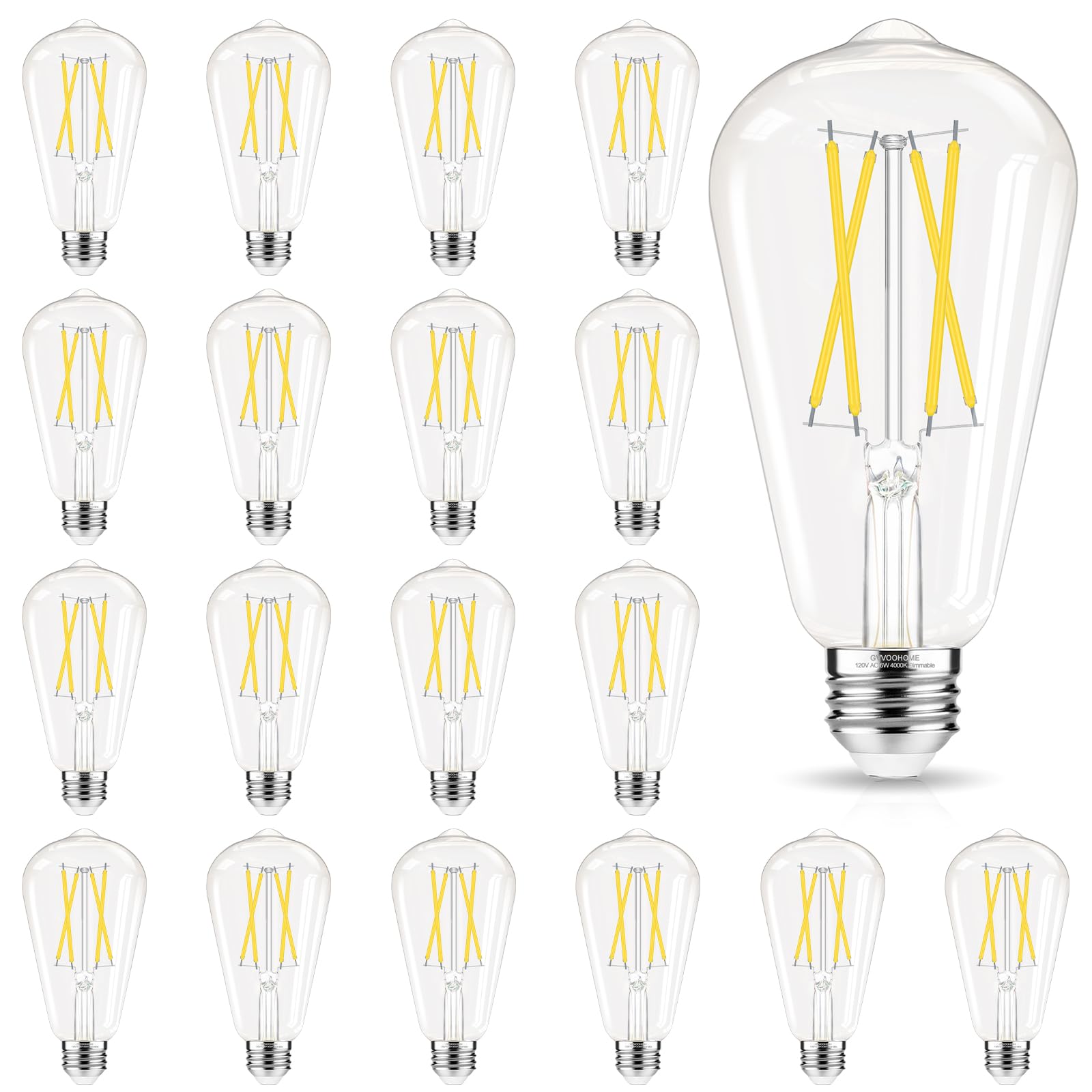 Gvvoohome Edison Bulbs 60 Watt Led, E26 Bulb Dimmable, Cool White 4000K, St58 Vintage Light Bulbs, 90+ Cri, 6W 600Lm, E26 Medium