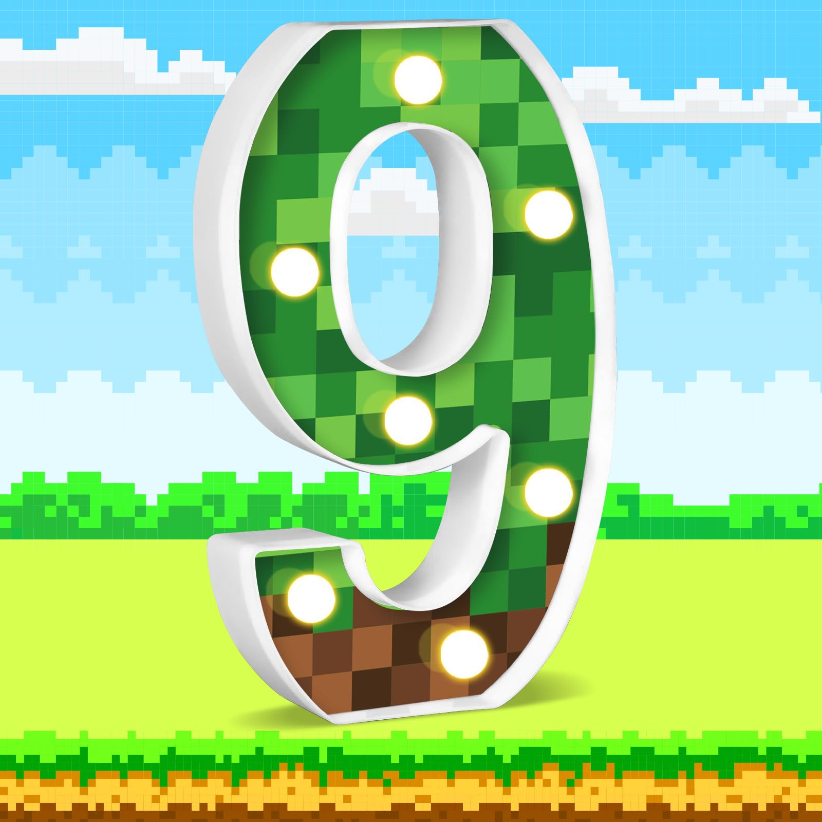 AXBMM Pixel Game Light Up Sign, Number 9, 8.5in LED Birthday Decoration, Green/Brown, Model XY-371