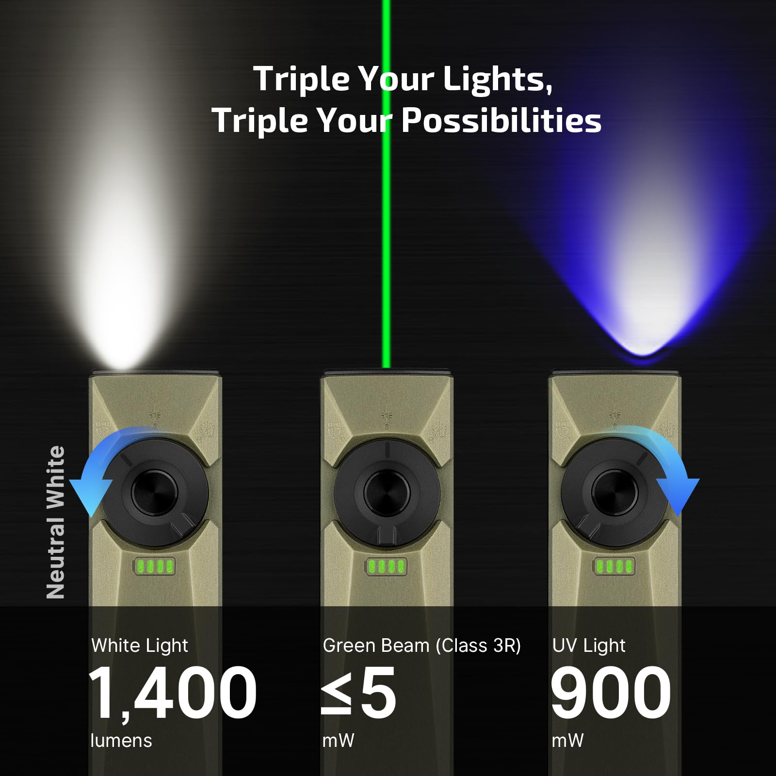 OLIGHT Arkfeld EDC Flashlight - 1400 Lumens, Rechargeable, Olive Green, Model AKUT-NW-300000, White LED, UV & Green Beam