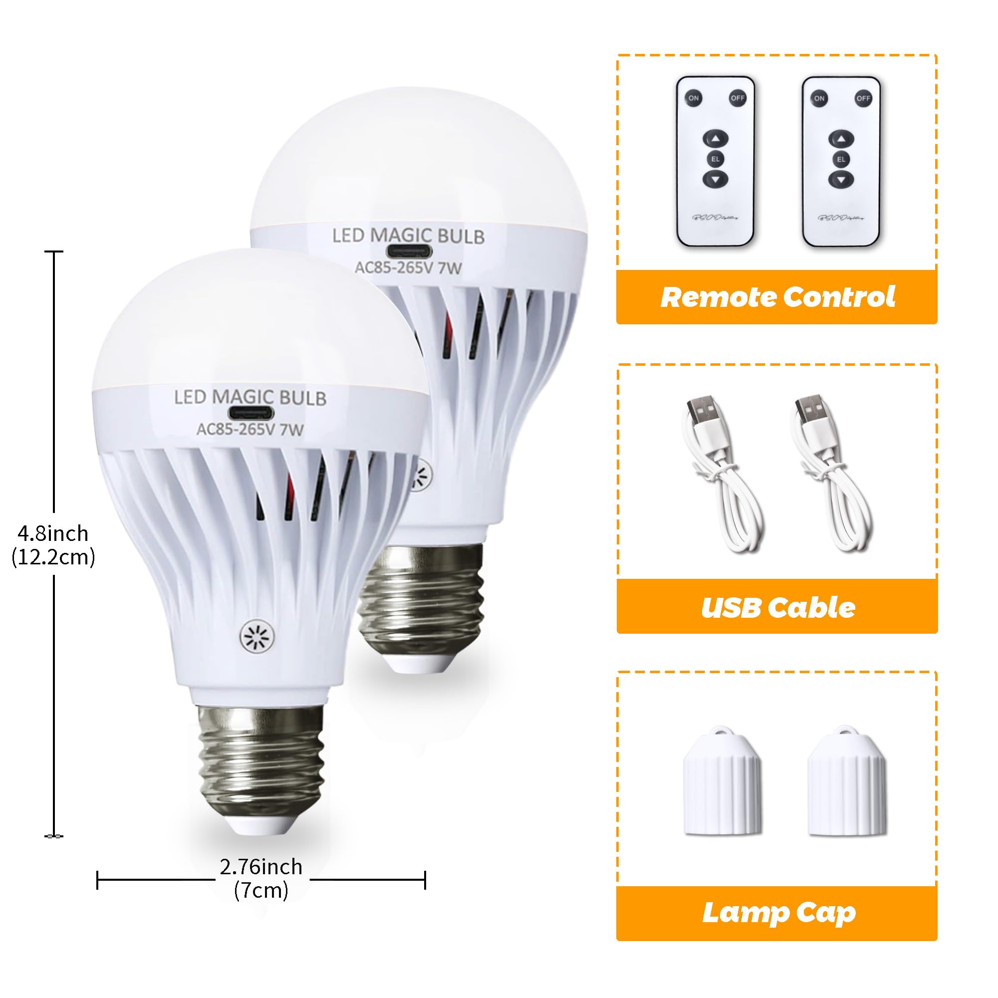 BSOD Rechargeable LED Light Bulbs - USB Powered, Warm Light, Emergency Dimmable, 2 Pack, E26, Plastic
