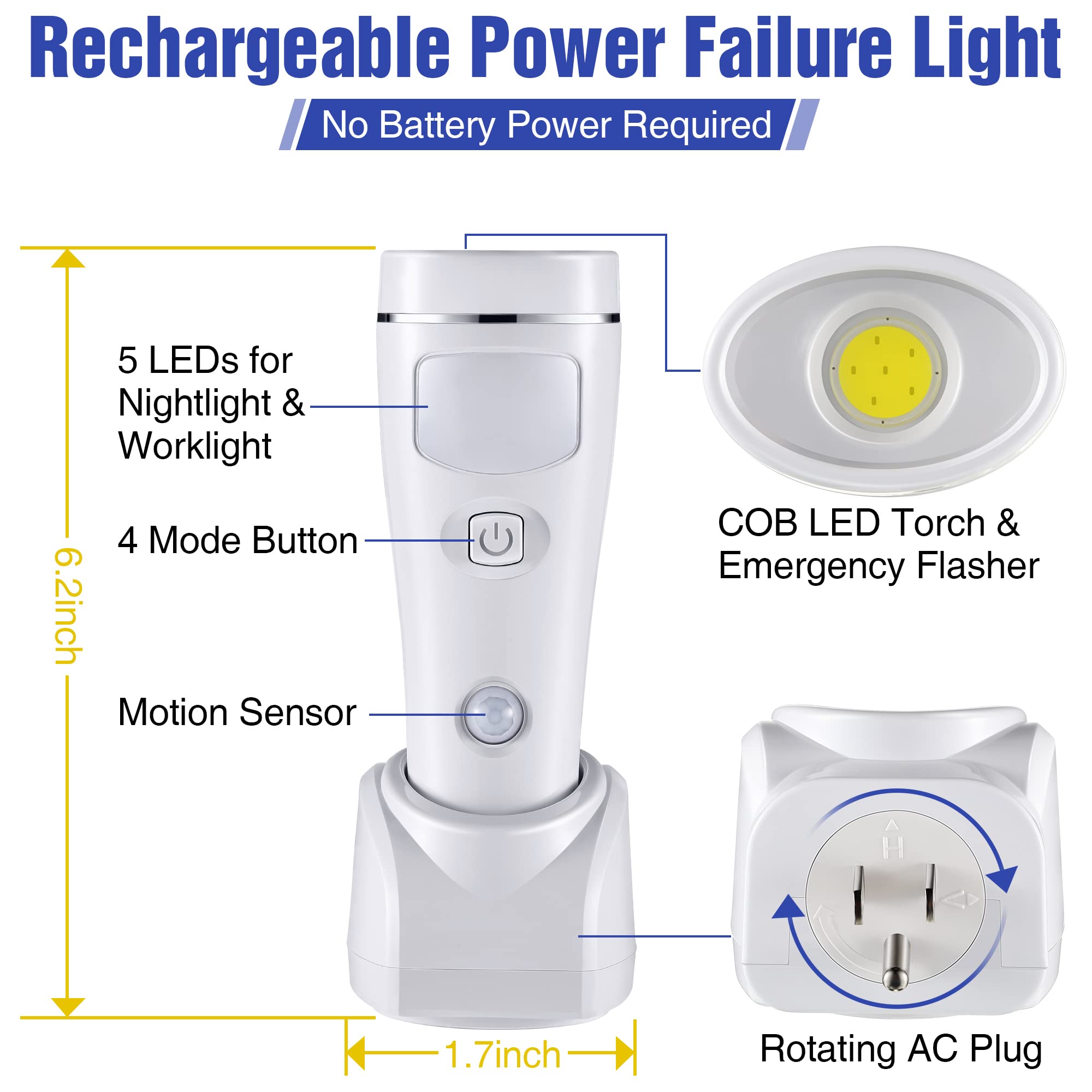 Enhon 4 in 1 LED Rechargeable Plug-in Flashlights, 3 Pack Emergency Lights, Motion Detection, White