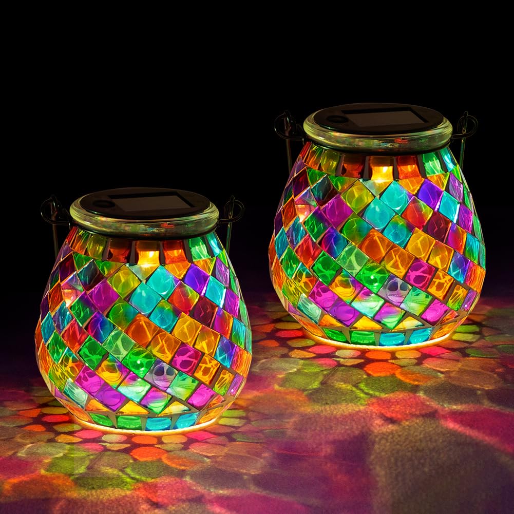 Stargarden 2 Pack Mosaic Solar Lanterns Outdoor Waterproof, Colorful Glass Hanging Lantern Decorative Solar Lights for Yard, Pat