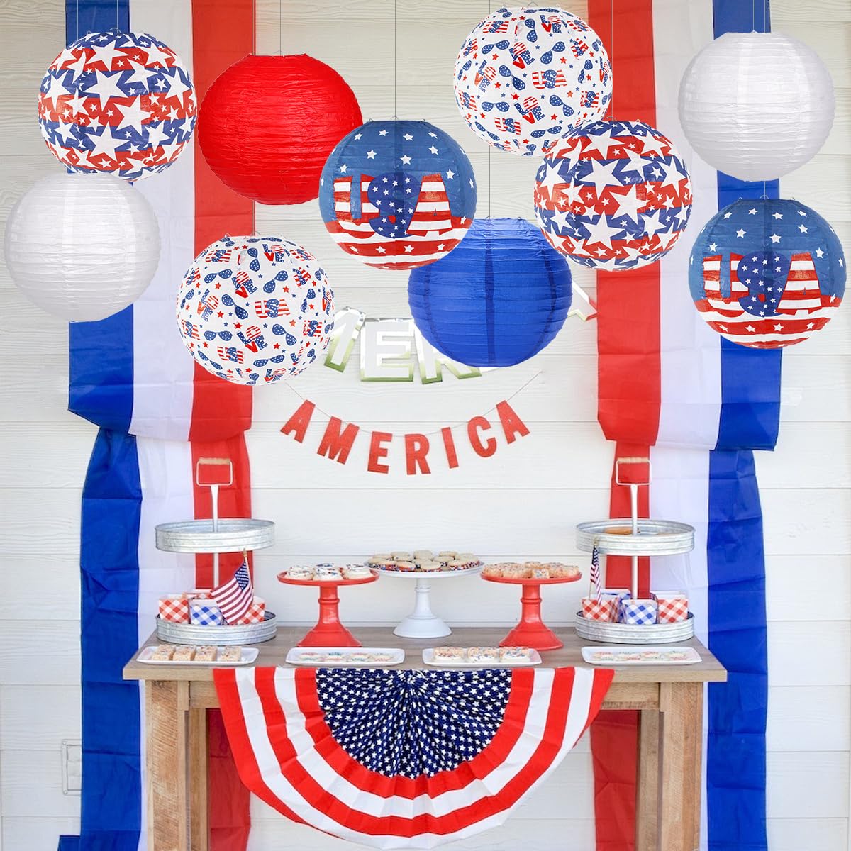 YUNXUAN 4th of July Paper Lanterns - Pack of 10 Red, White & Blue Hanging Decorations for Independence Day & Memorial Day Parties