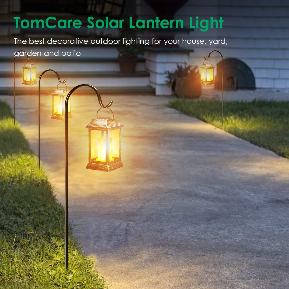 TomCare Solar Lanterns - 2 Pack Metal Flickering Flame LED Lights, Waterproof, Bronze, Model SZ-19003 for Outdoor Patio Garden Decor