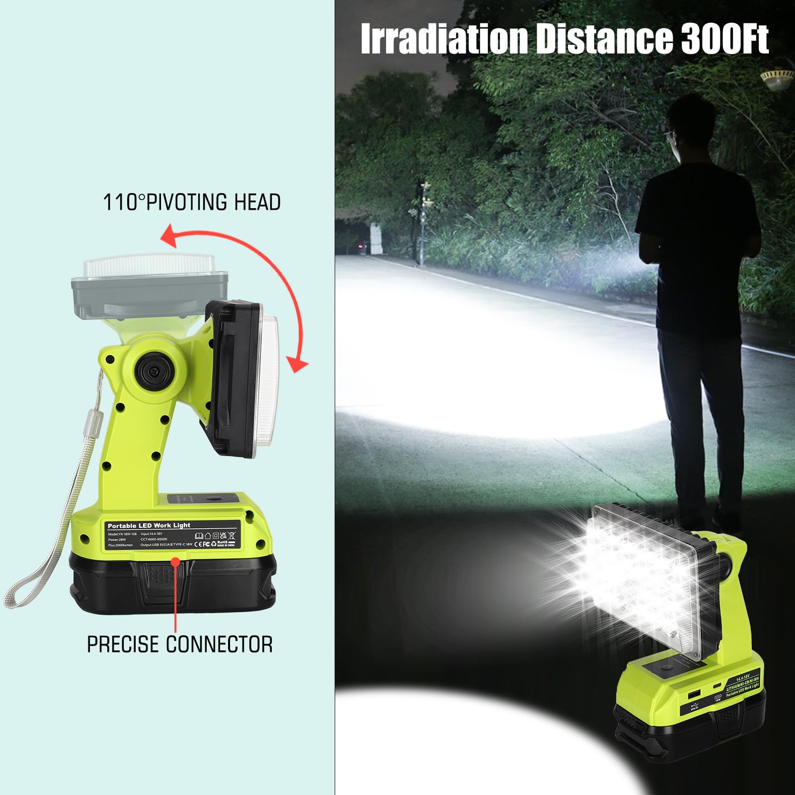 Philophca 18V Light Compatible With Ryobi 18V Battery,18W 2000Lm Spotlight With Usb Port, Zinc Alloy 110 Degree Pivoting Head, L