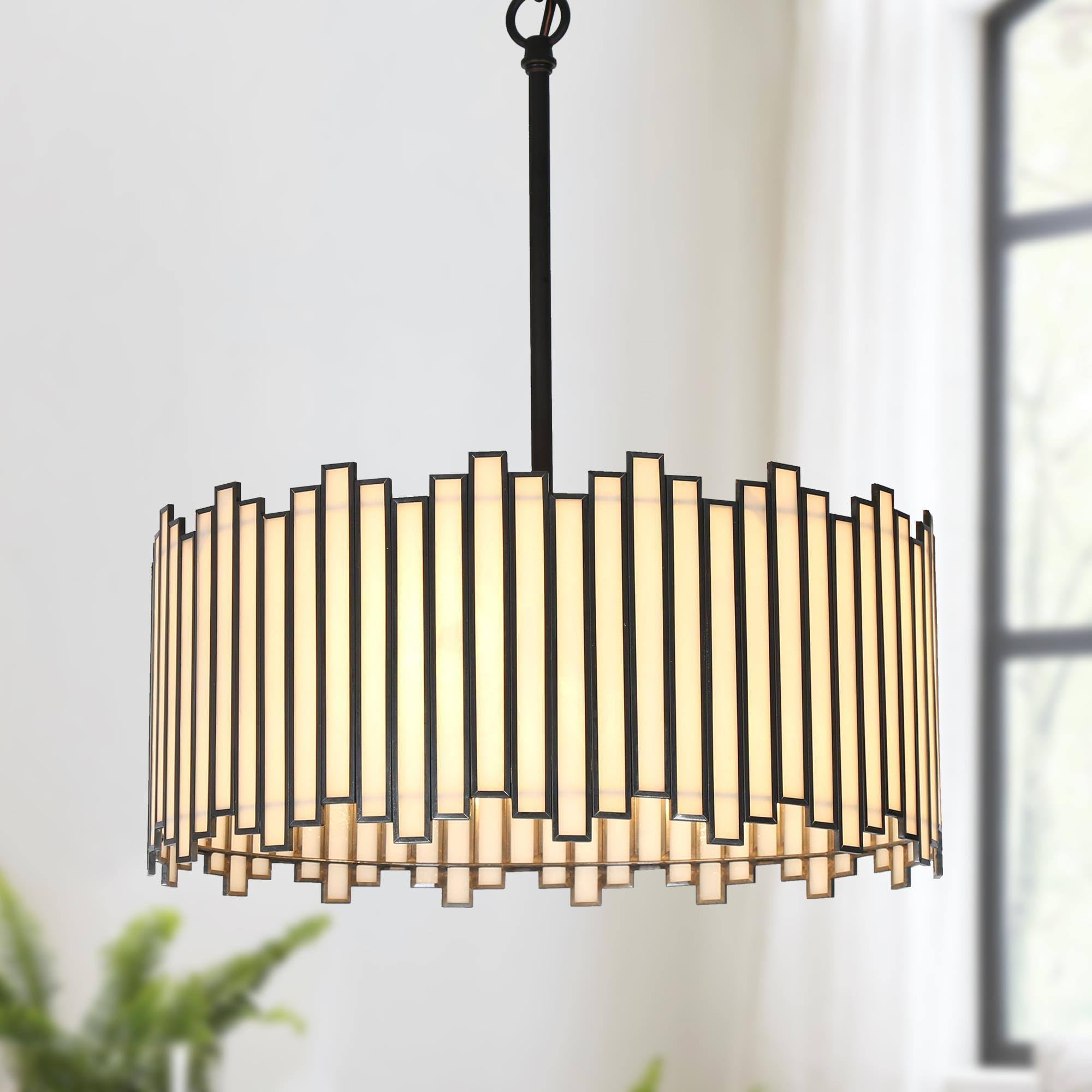 KSANA Black Drum Chandelier, 4-Light Modern Pendant Lights with Irregular White Glass Shade, 15.5 Chandeliers Hanging Light Fi