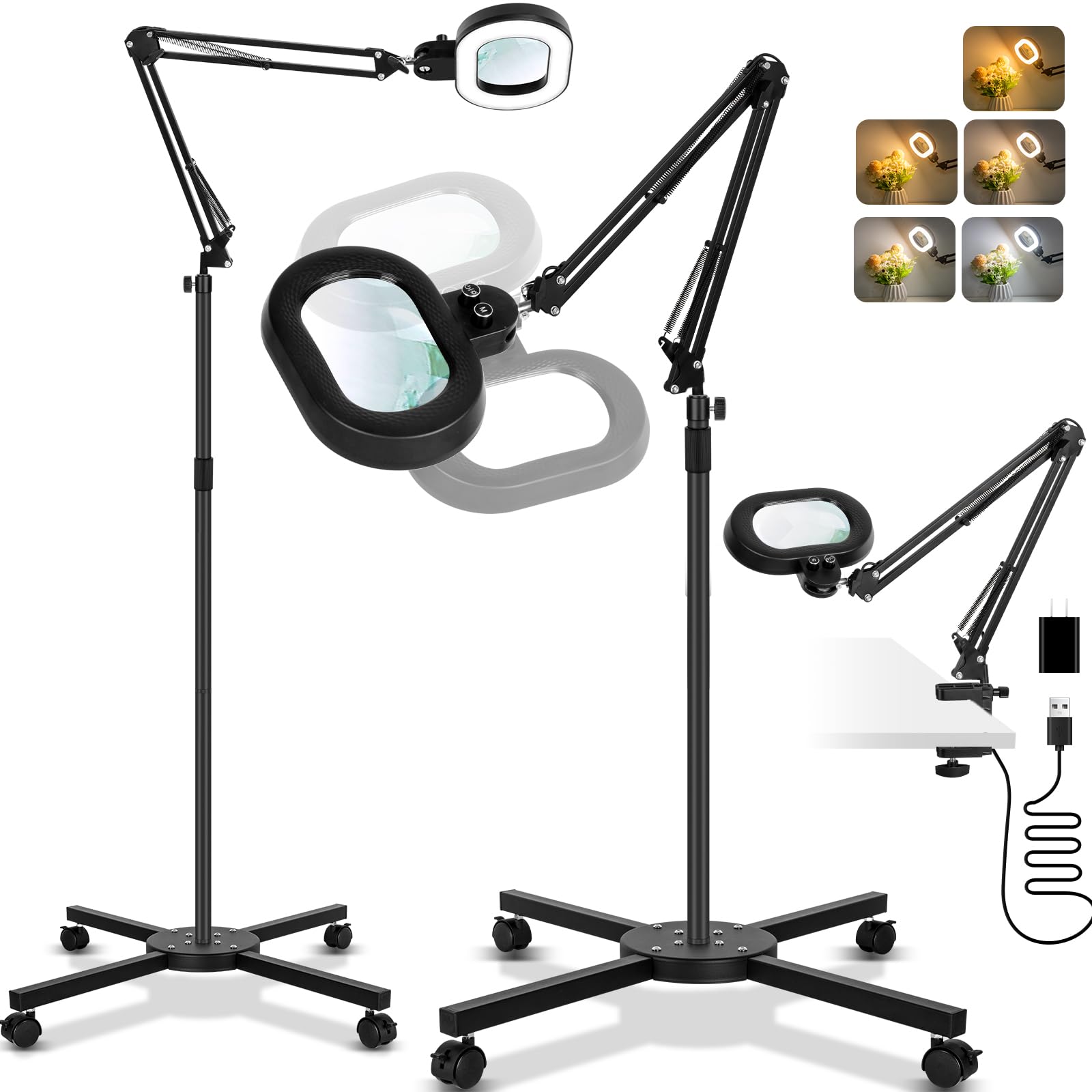 KMDES 12X Magnifying Floor Lamp, 2 in 1 Lighted Magnifier Glass with Light for Workbench, Craft, Sewing, Esthetician, Reading, 3