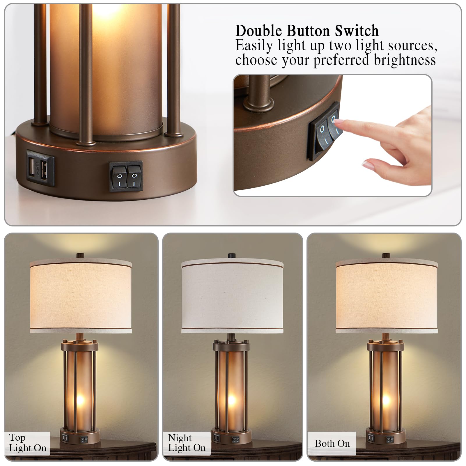 Farmhouse Table Lamps For Living Room With 2 Usb Charging Ports, Vintage Rustic Nightstand Lamp With Amber Glass Nightlight, Ret