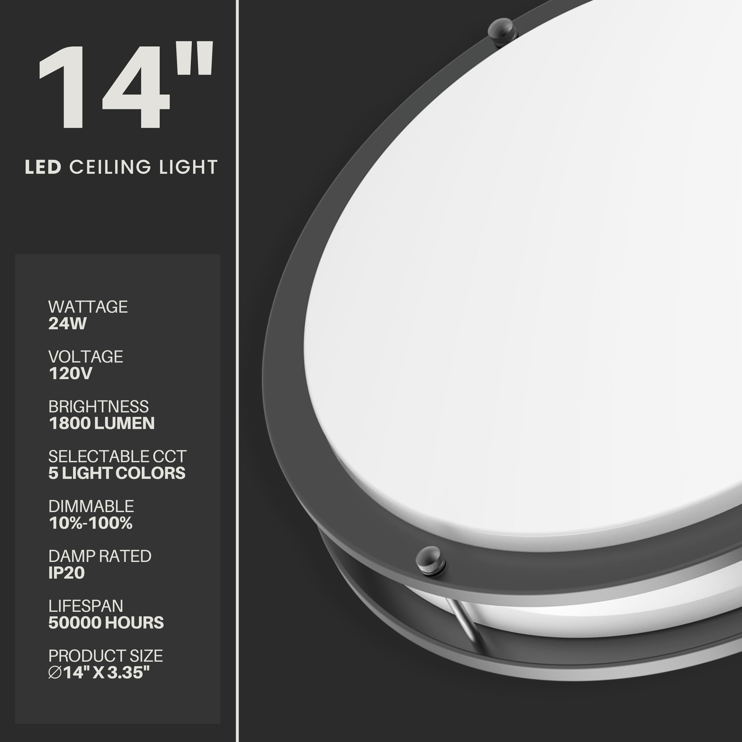 Dymond 14'' Matte Black Led Ceiling Light Dimmable Flush Mount 5-In-1 Adjustable Color Temperature 2700K 3000K 3500K 4000K 5000K