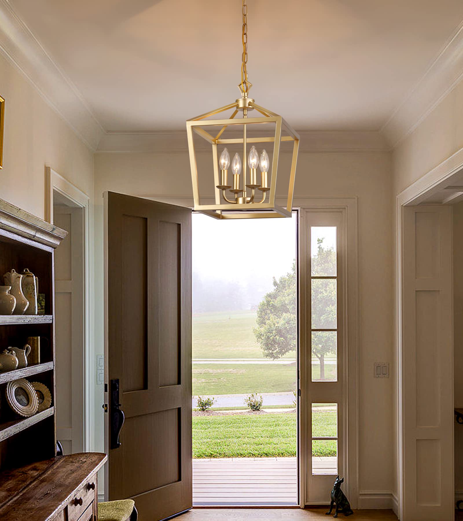 AMZASA Gold Lantern Chandelier Pendant Light Fixture, 4-Lights for Kitchen Island, Dining Room, Hallway, UL Listed, Model AS9012-4GD