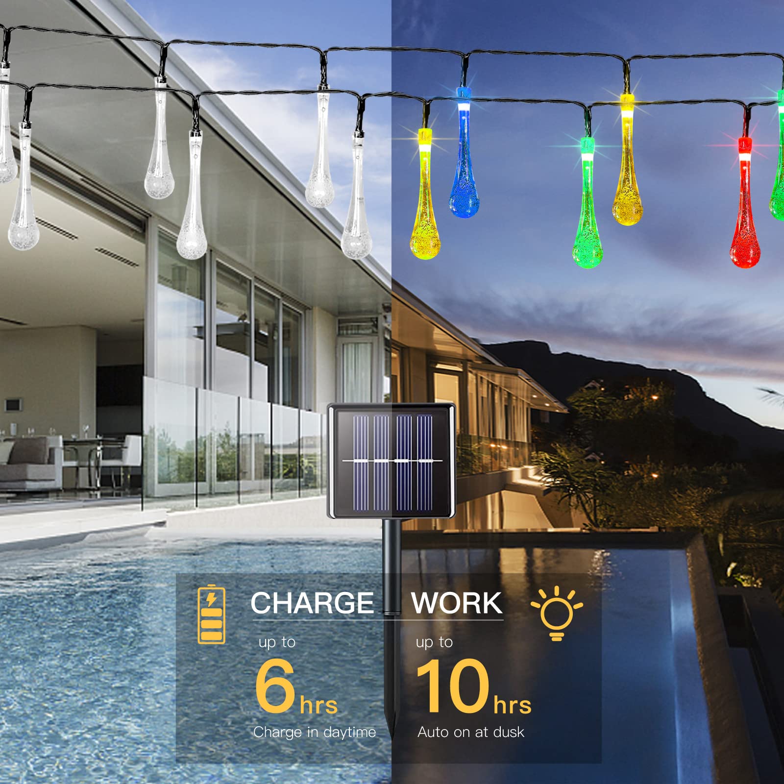 Suddus 2 Pack 30 Led Solar String Lights Outdoor Waterproof, Water Drop Solar Lights With 8 Modes, Solar Party Lights Outdoor