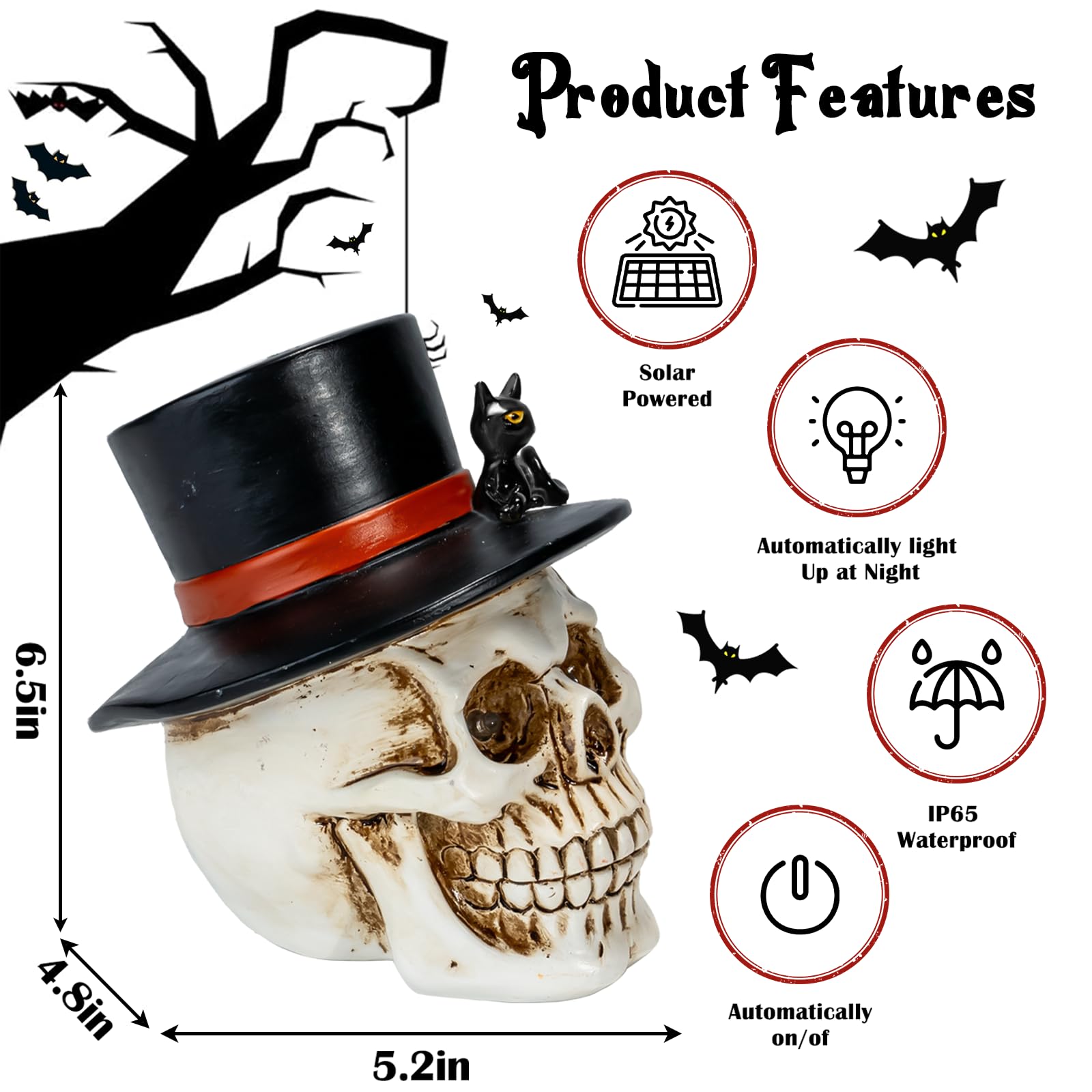 Pohabery Halloween Skull Decorations - Medium Solar Light with Spooky Red Eyes, Resin Figurine, Black Cat for Yard & Garden