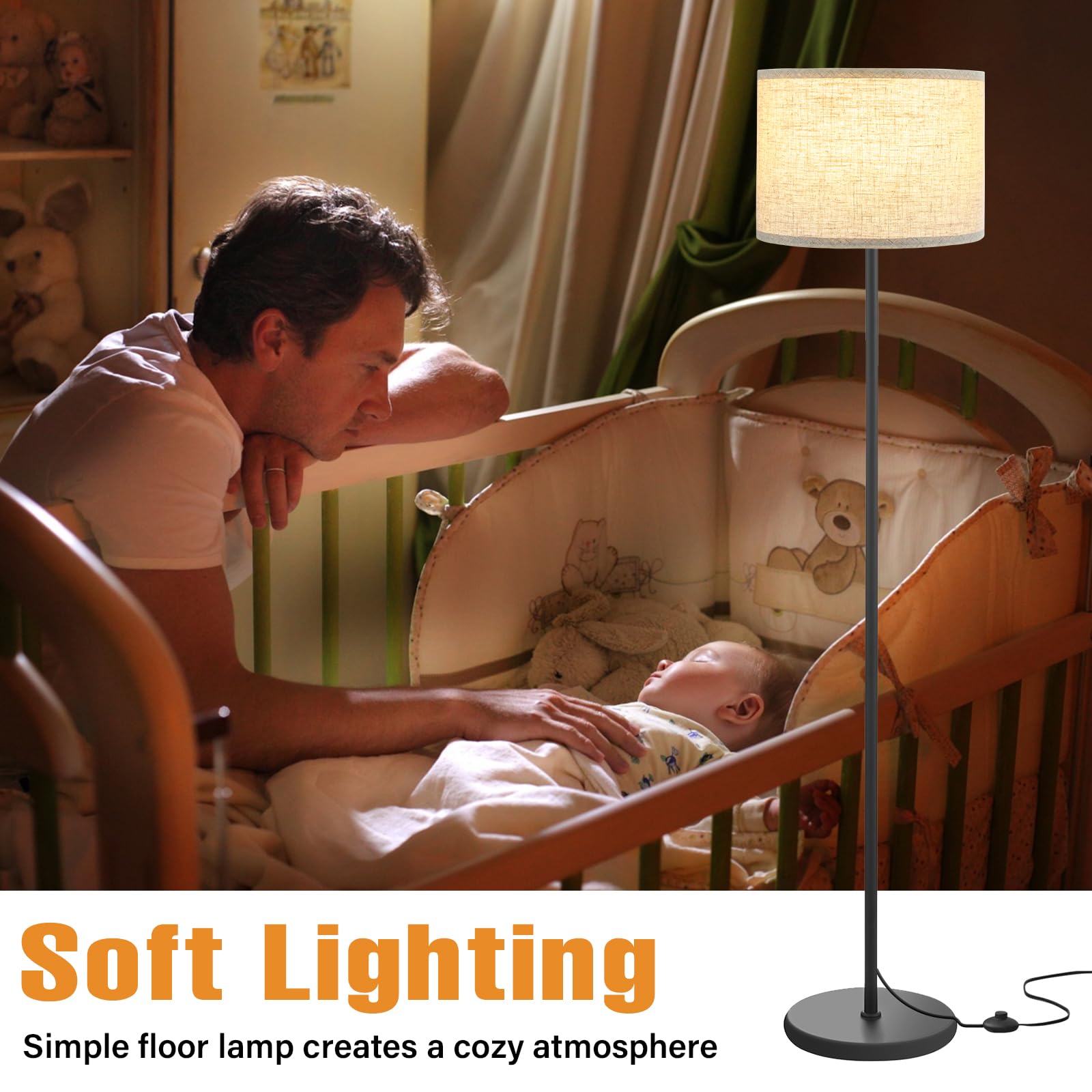 Ambimall 61'' Modern Floor Lamp With Shade, Tall Lamps For Living Room, Bedroom, Office, Dining Room, Beige Shade With Black Pol