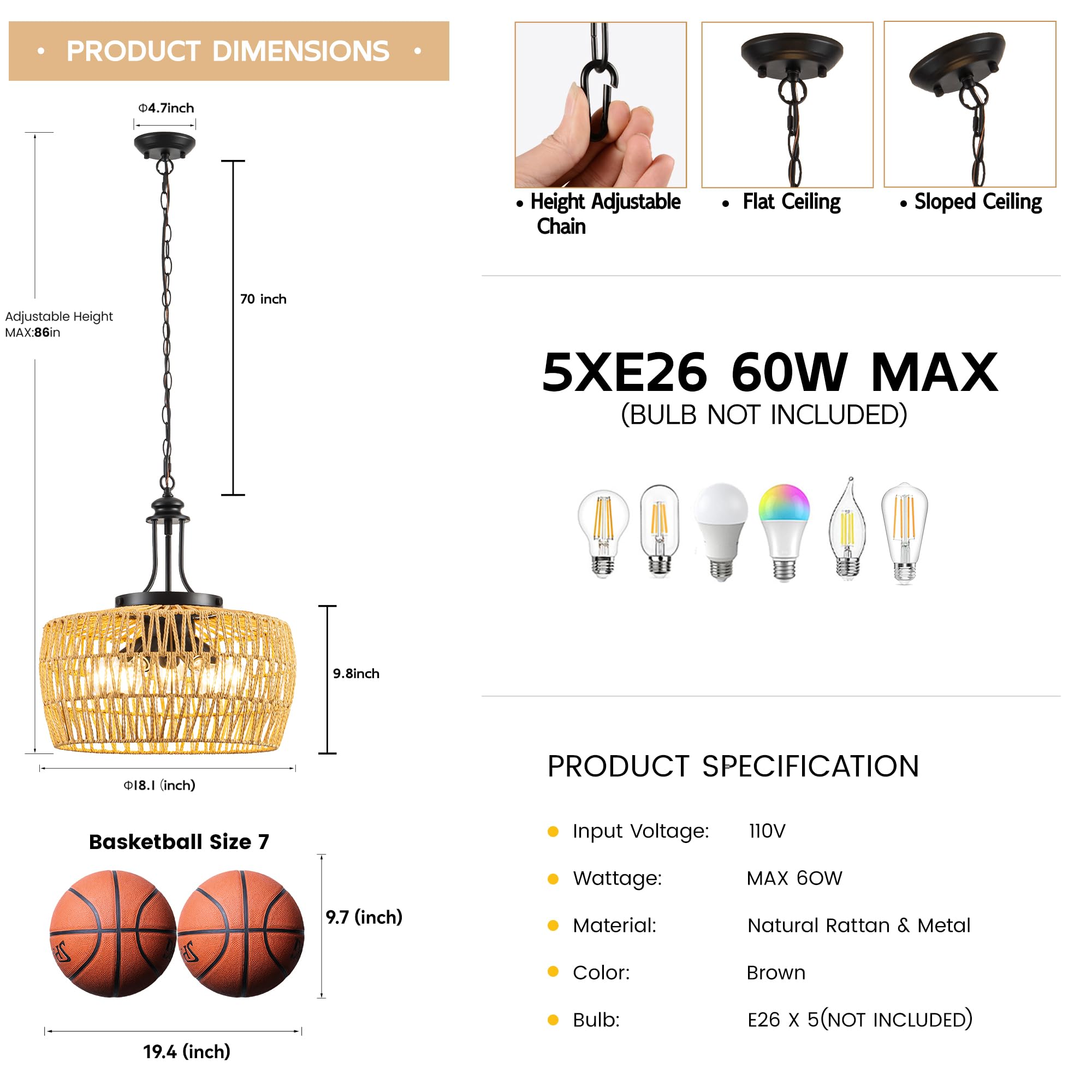 Leip 18.1'' Boho Rattan Chandelier - 5-Light Handwoven Farmhouse Pendant Light For Kitchen Island, Dining Room, Living Room - Ad