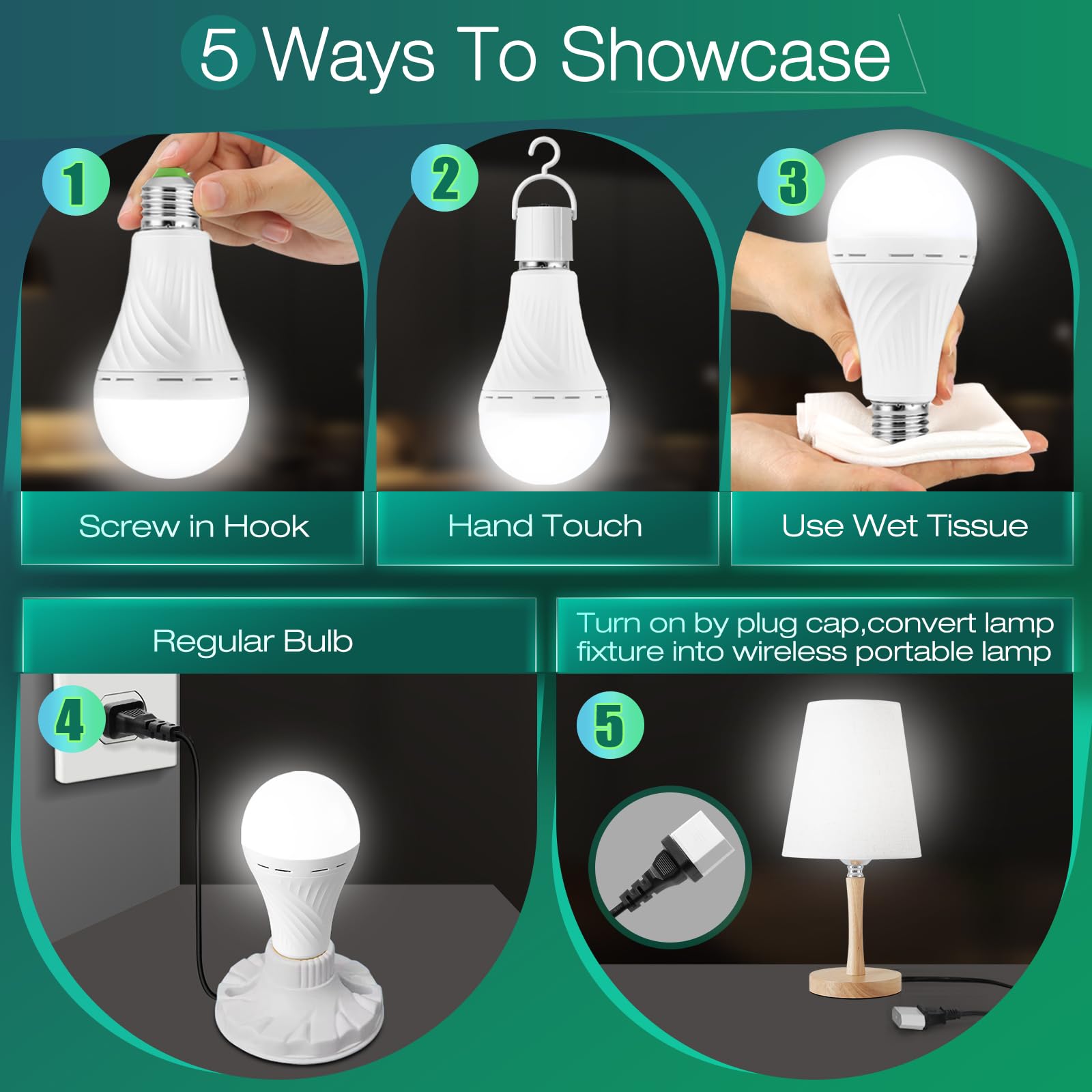 MOSLIAN Emergency Rechargeable Light Bulb, 12W LED, 1500mAh, E27, White, with Hook & Plug Cap, 6 Pack