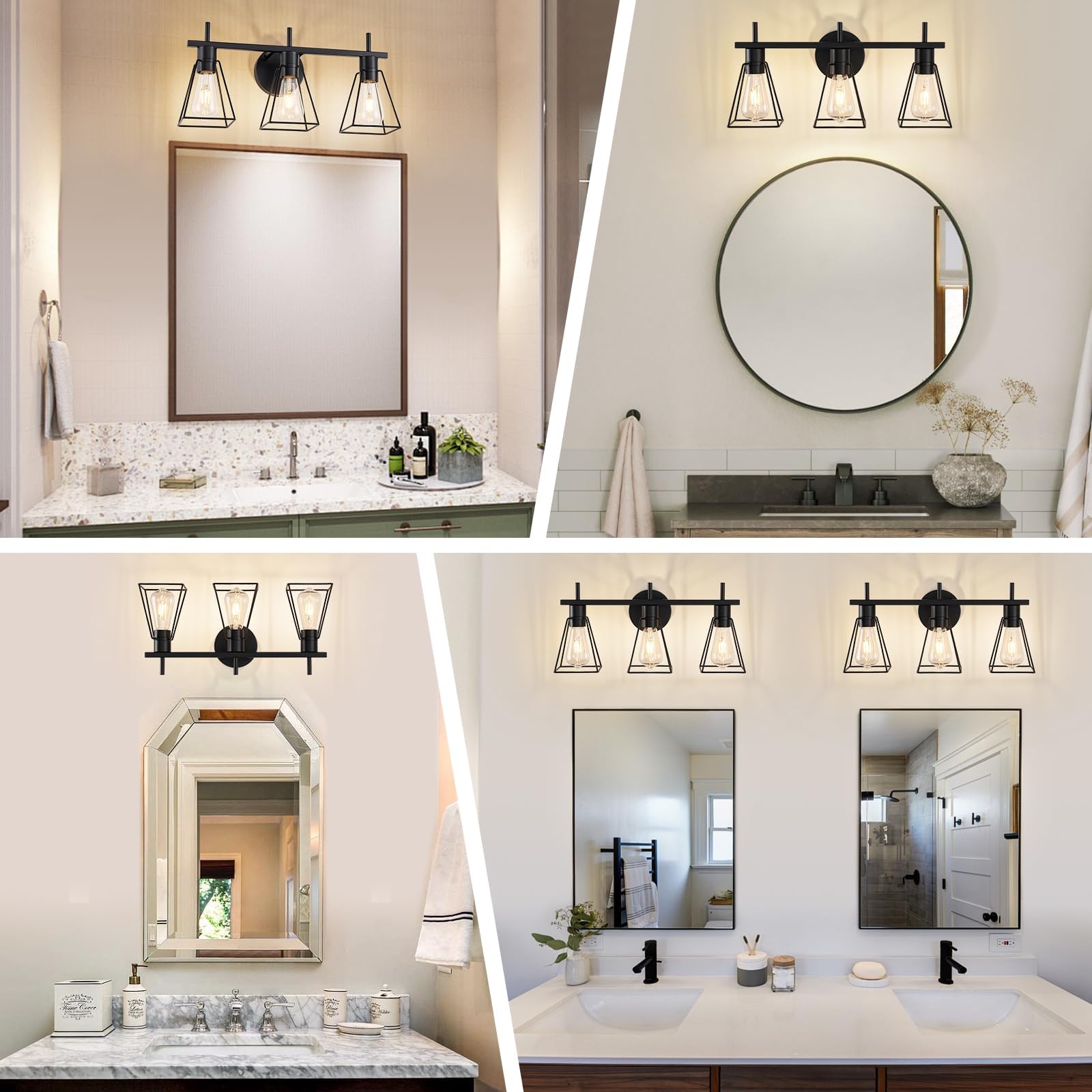Fonmyim Farmhouse Bathroom Vanity Light Fixtures Over Mirror, Matte Black 3-Light Wall Sconce With Metal Cage, E26 Socket (Bulbs