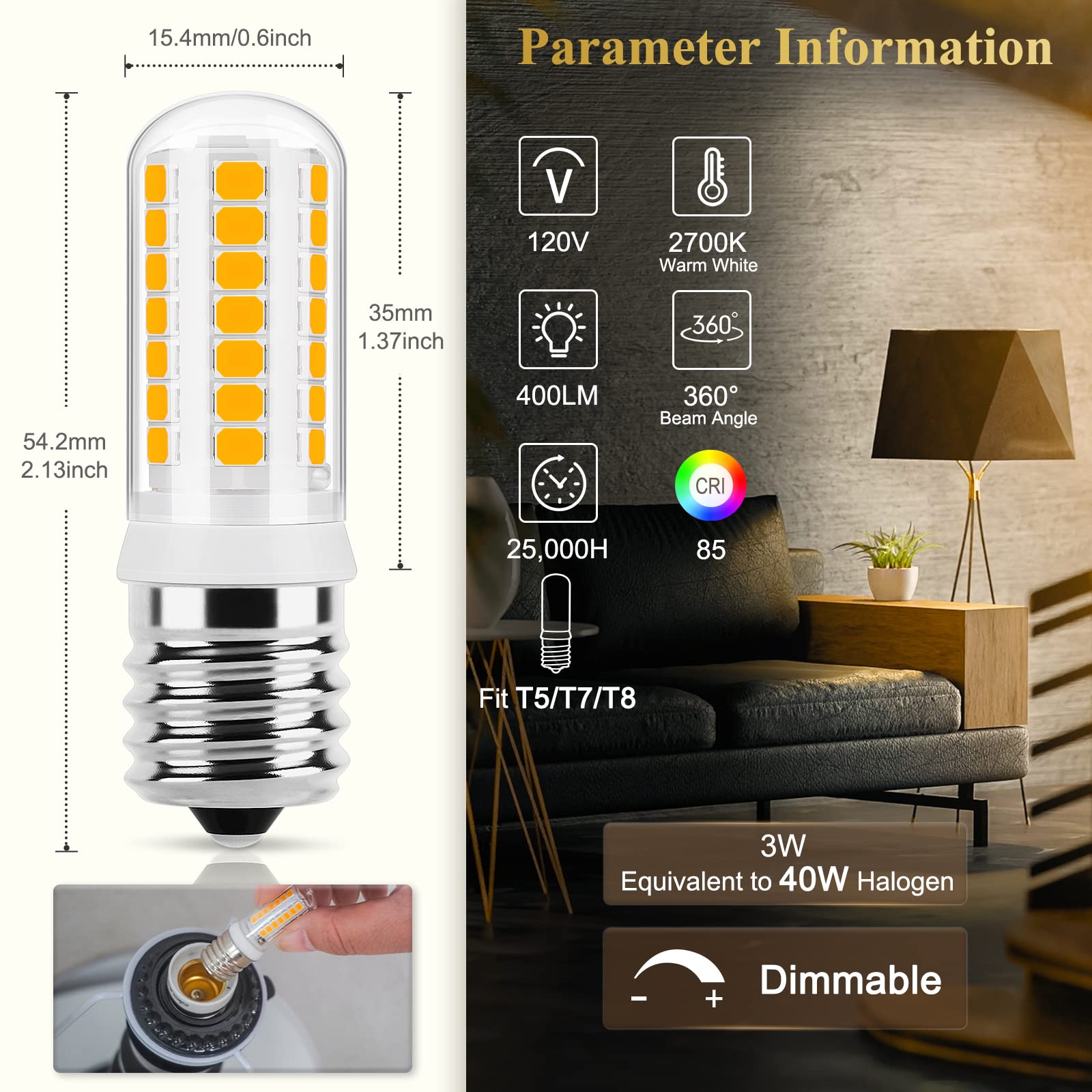 Dicuno E17 Led Bulb Dimmable, Microwave Oven Bulbs, 2700K Warm White, 3W (40W Halogen Replacement) 400Lm 120V, E17 Intermediate