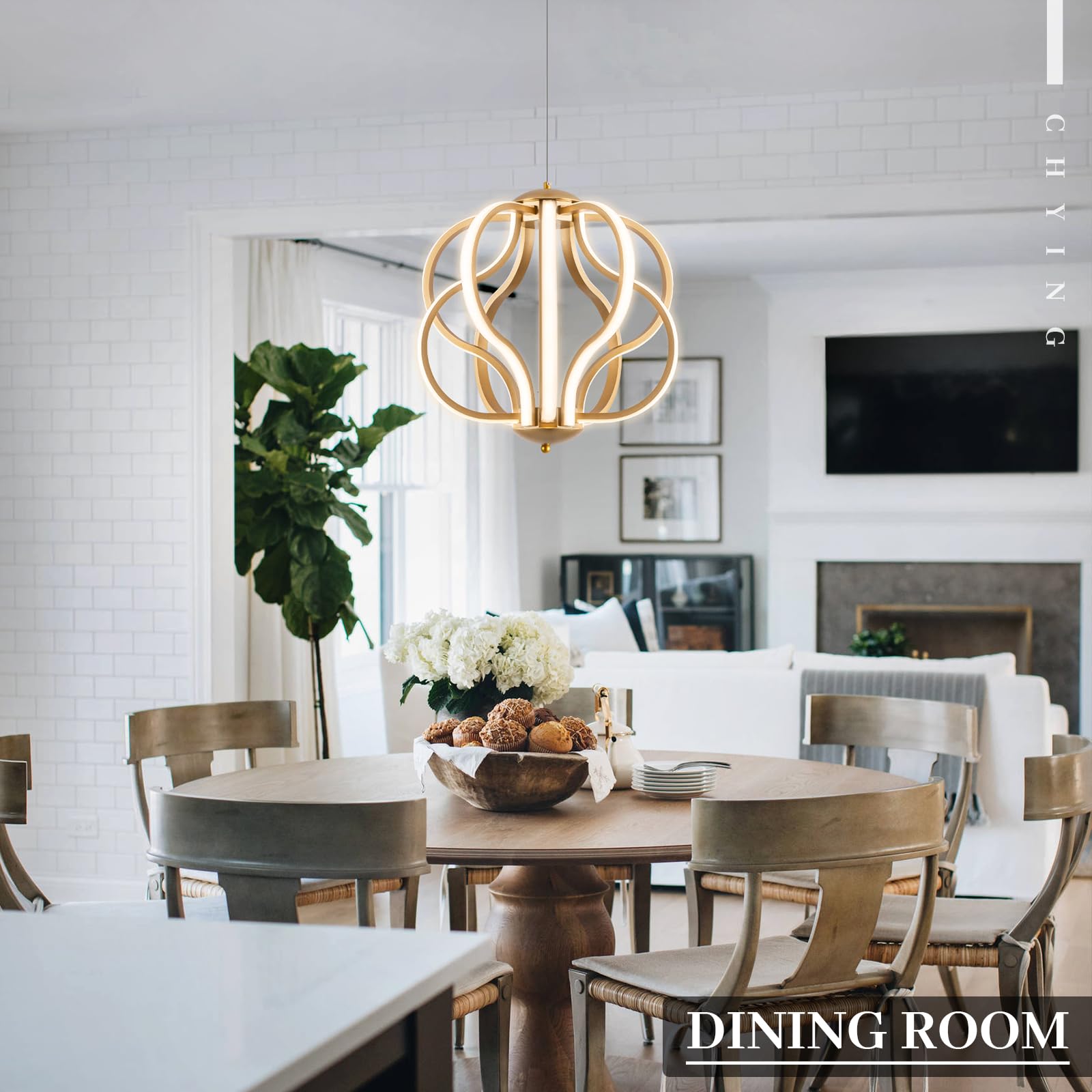 CHYING Modern LED Chandelier 10-Light Gold Dimmable Pendant Light 70W Remote Control Adjustable Height for Dining Room Foyer Kitchen