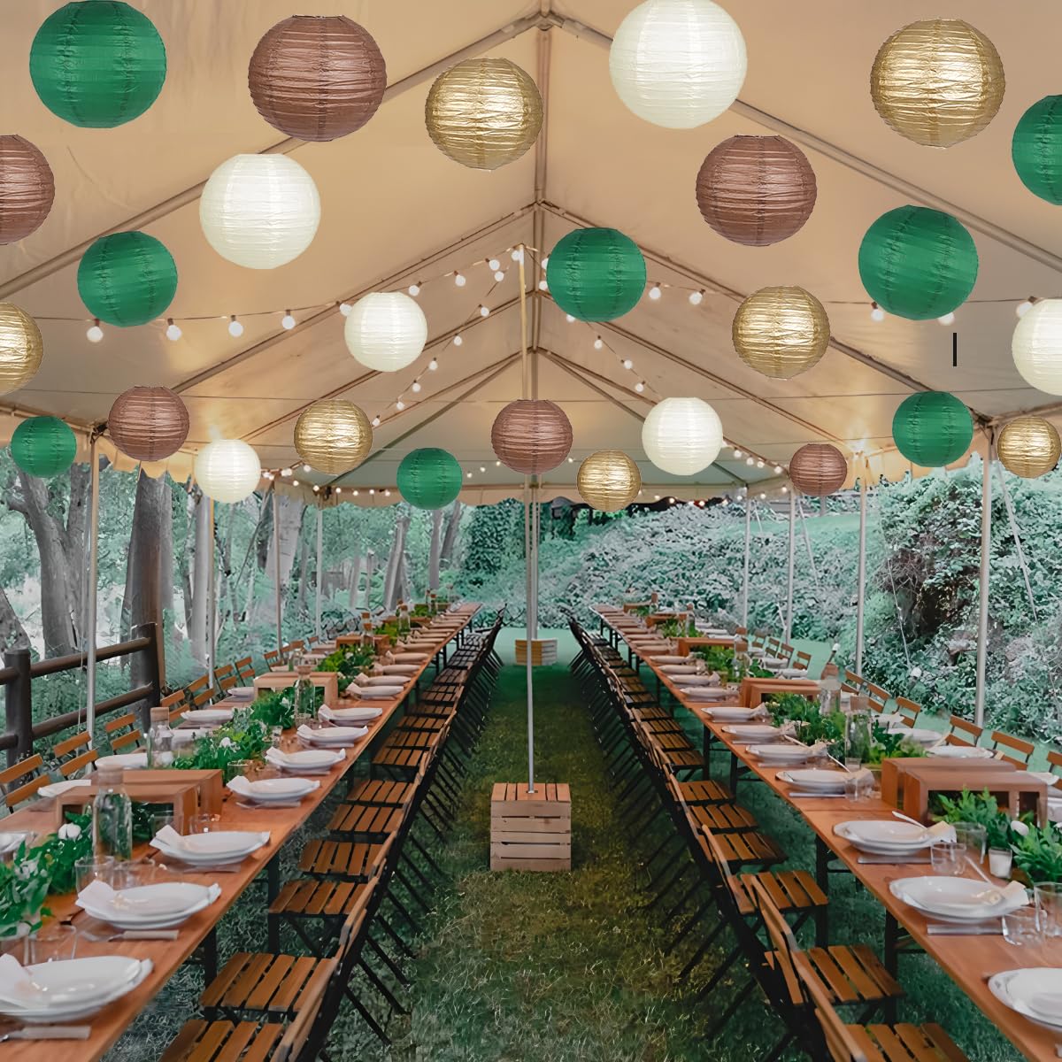 YUNXUAN Paper Lanterns Pack of 12, Round, Green Brown Gold, for Birthday Party and Baby Shower Decorations, Model YX1034