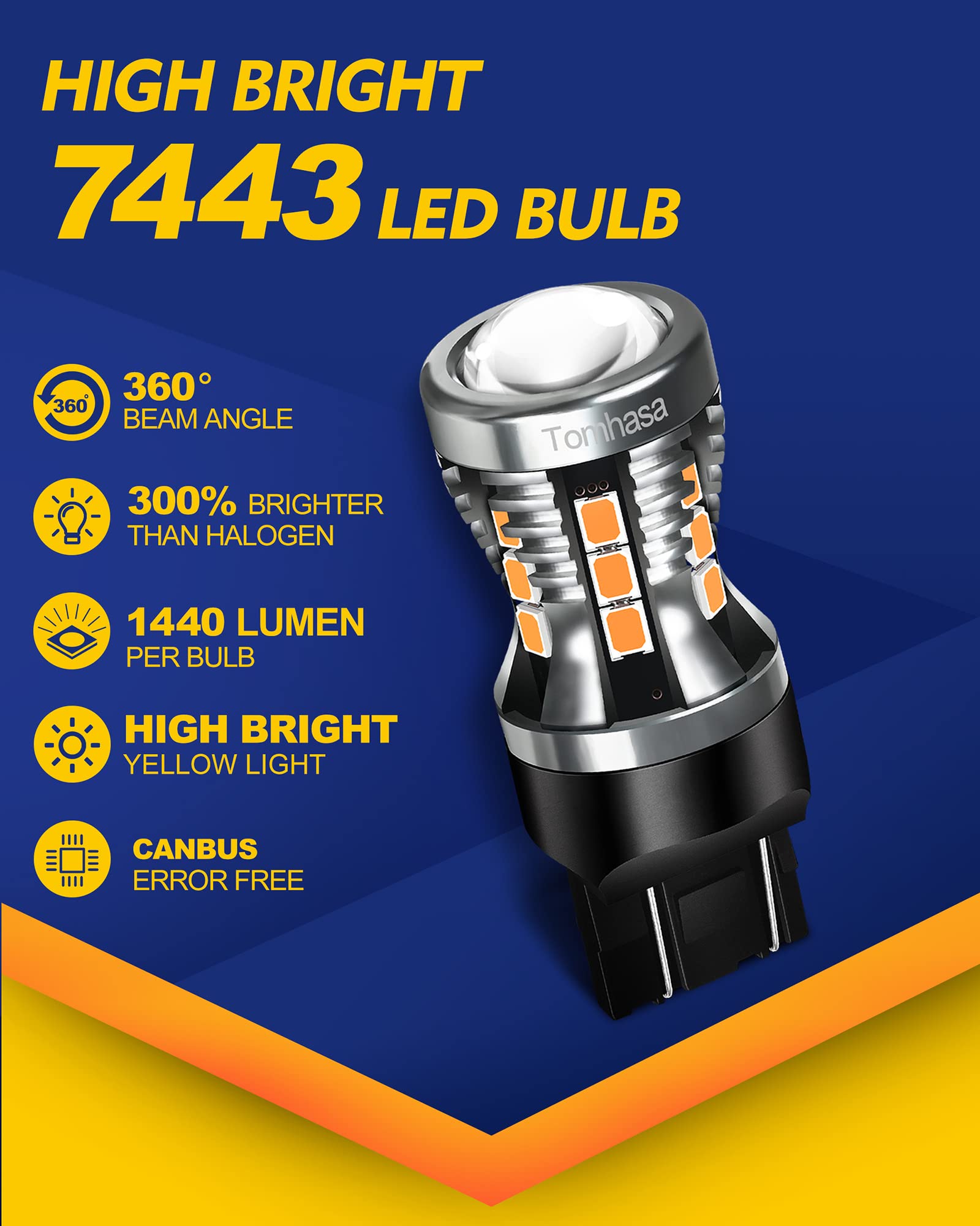 Tomhasa 7440 7443 Led Bulbs Amber Yellow For Turn Signal Light Bulbs, 7441 7444 T20 W21W Led Replacement Bulbs For Front Rear Turn Signal Lights, Side Marker Lights, Brake Blinker Lights, Pack Of 2