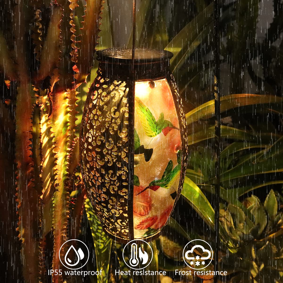 Solar Lanterns Outdoor Light - Solar Powered Led Hummingbird Glass Lights Decorative Waterproof Tabletop Lamp With Hollowed-Out Design For Indoor Yard Table Patio Garden Pathway Holiday