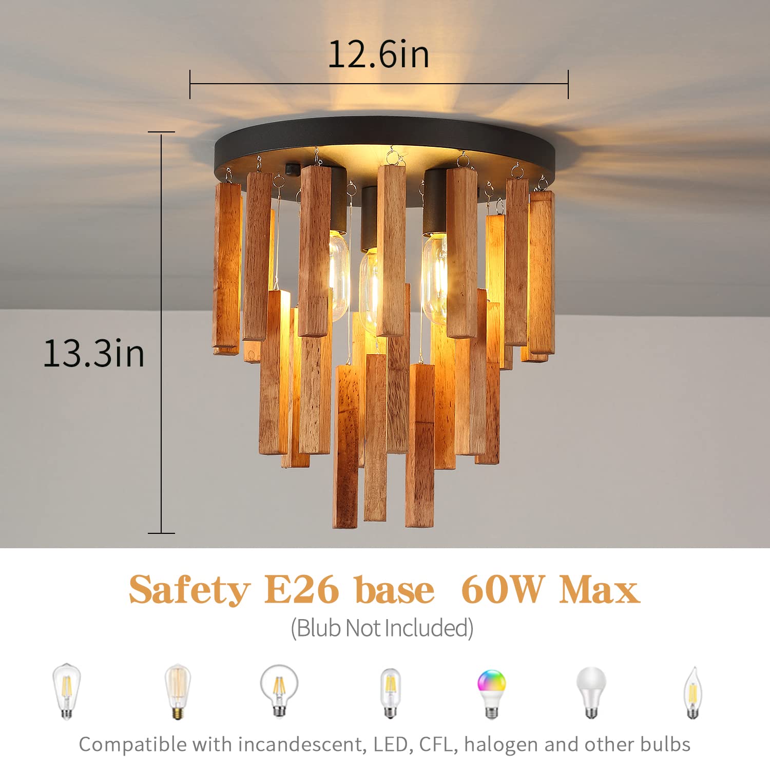 3-Light Semi Flush Mount Ceiling Lights Boho Wood Light Fixture Farmhouse Chandelier Oak And Black Ceiling Lighting With E26 For