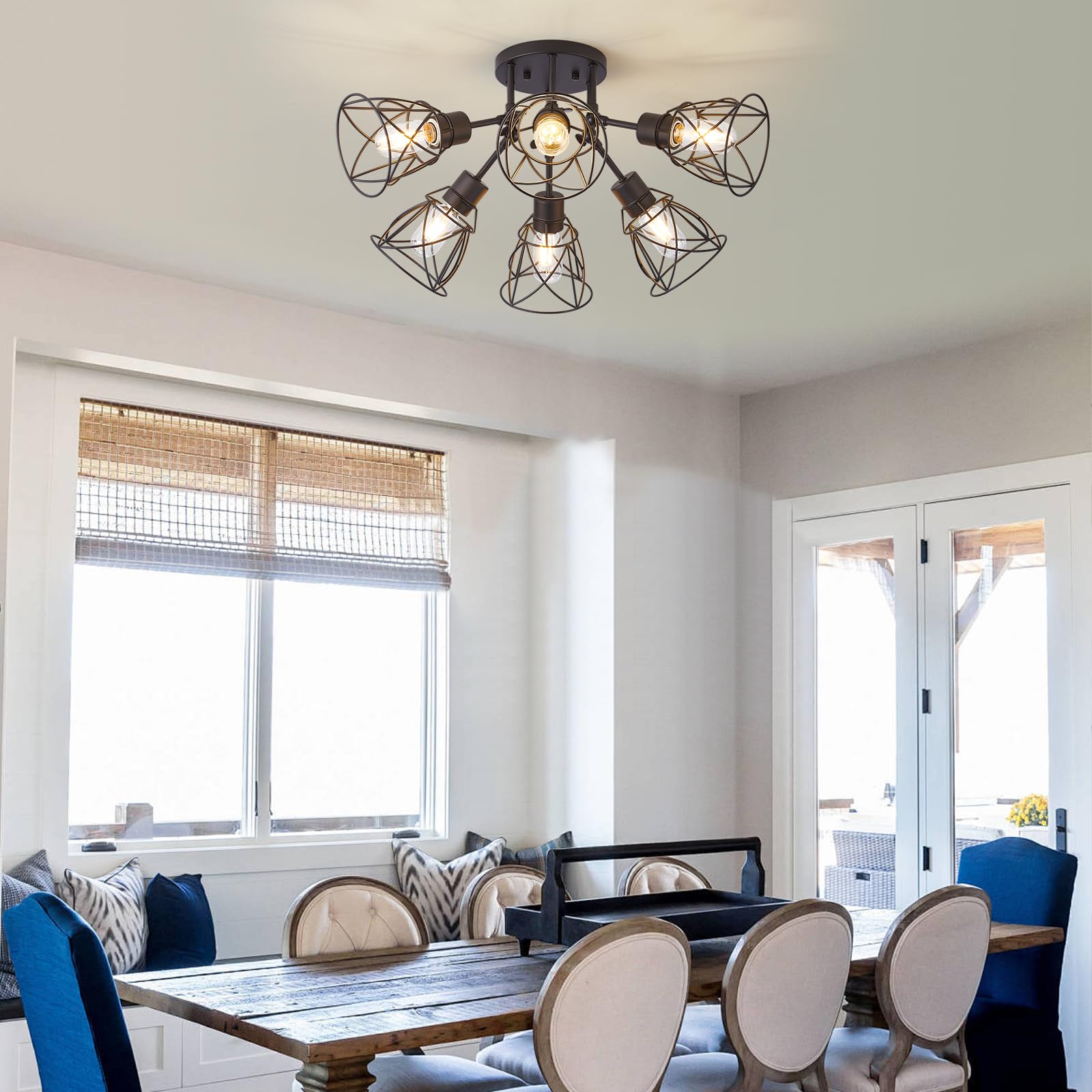 Hdasic 6-Light Semi Flush Mount Ceiling Light, Industrial Large Matte Black Kitchen Lighting Fixtures Ceiling With Metal Cage Sh