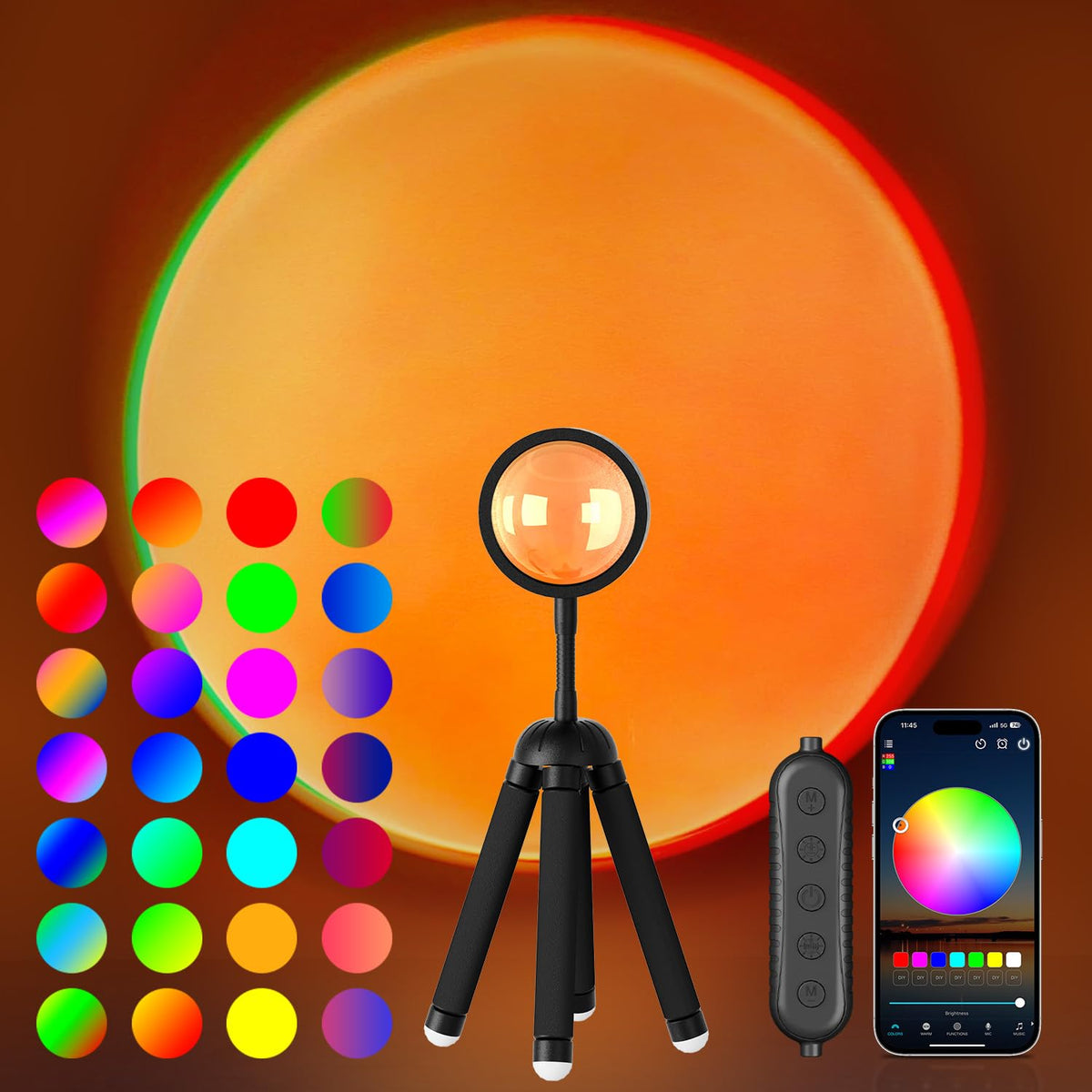 Neroupe Sunset Lamp Projector with APP Control Multicolor Changing Led Lights for Room, 360 Degree Rotation Sunlight Lamp Set Mo