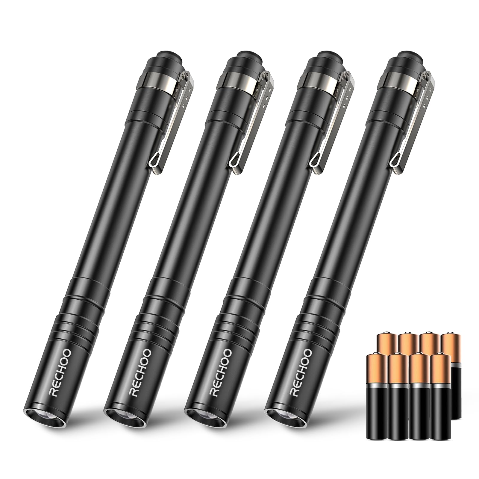 RECHOO LED Pen Light, 4 Pack, Waterproof, Aluminum, Small Size, Black, Model SFL005