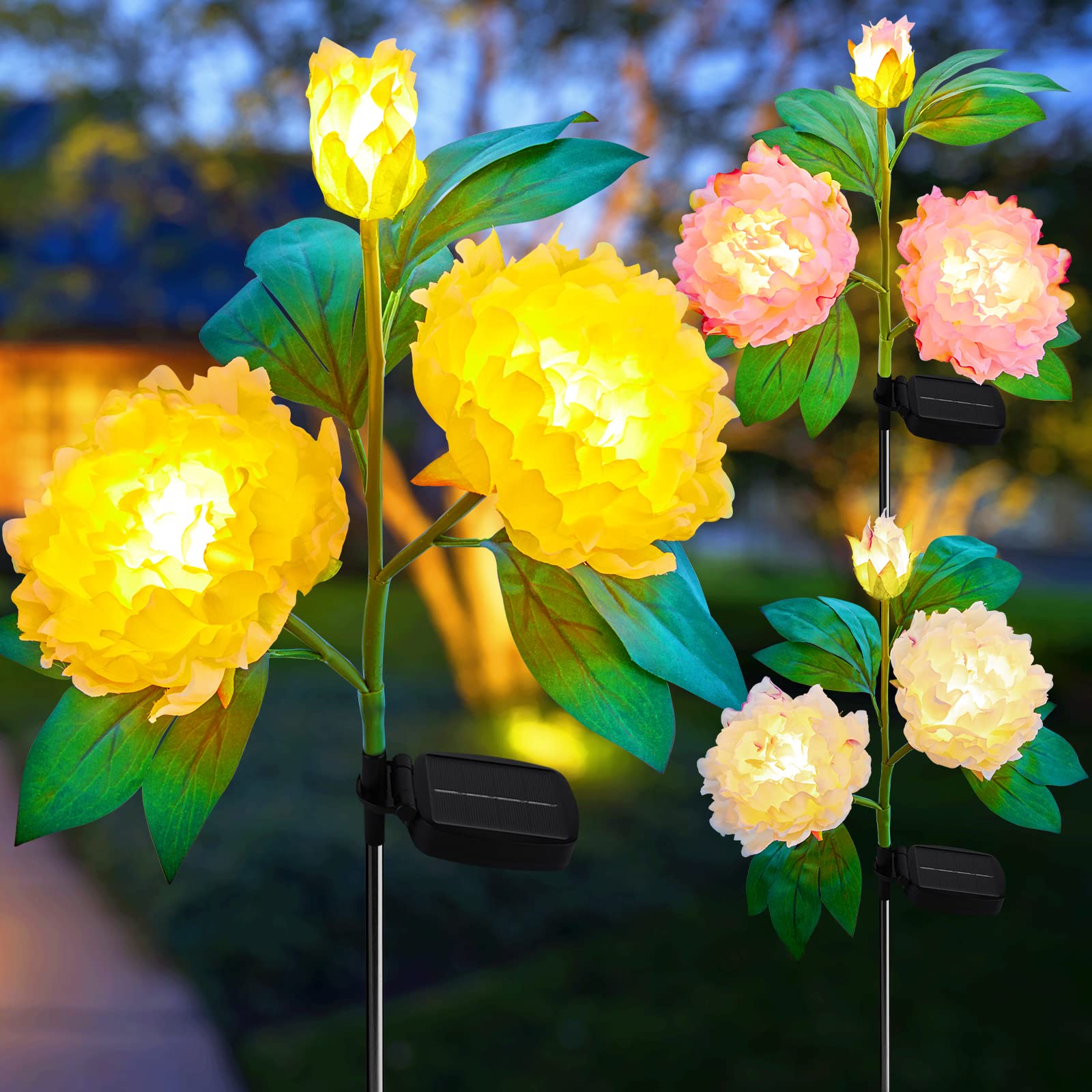 Brightown Solar Garden Lights - 3 Pack Waterproof LED Peony Design, Larger Solar Panel, Outdoor Pathway Decoration