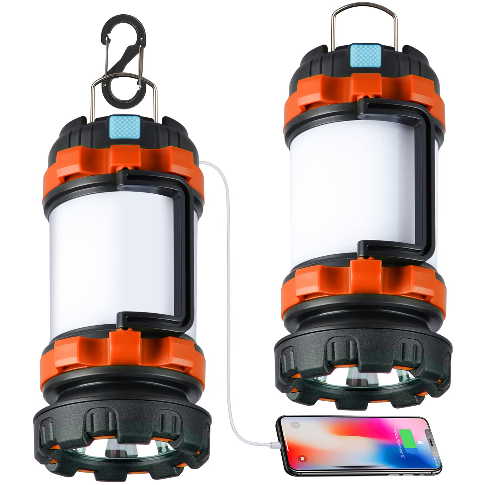 BOBKID 2 Pack Camping Lantern, 1000LM LED, Rechargeable, IPX5 Waterproof, 4000mAh Power Bank, Orange, Model KJ-1296