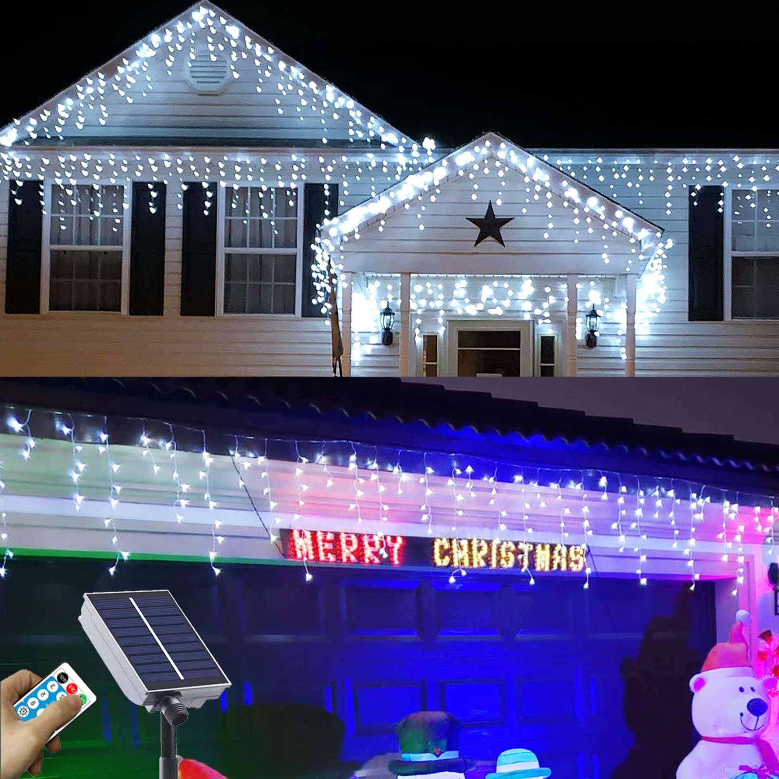 Upgraded Solar Christmas Icicle Lights,304 LED Outdoor Christmas Decorations 8 Modes Waterproof Solar Icicle Lights for Patio Ya