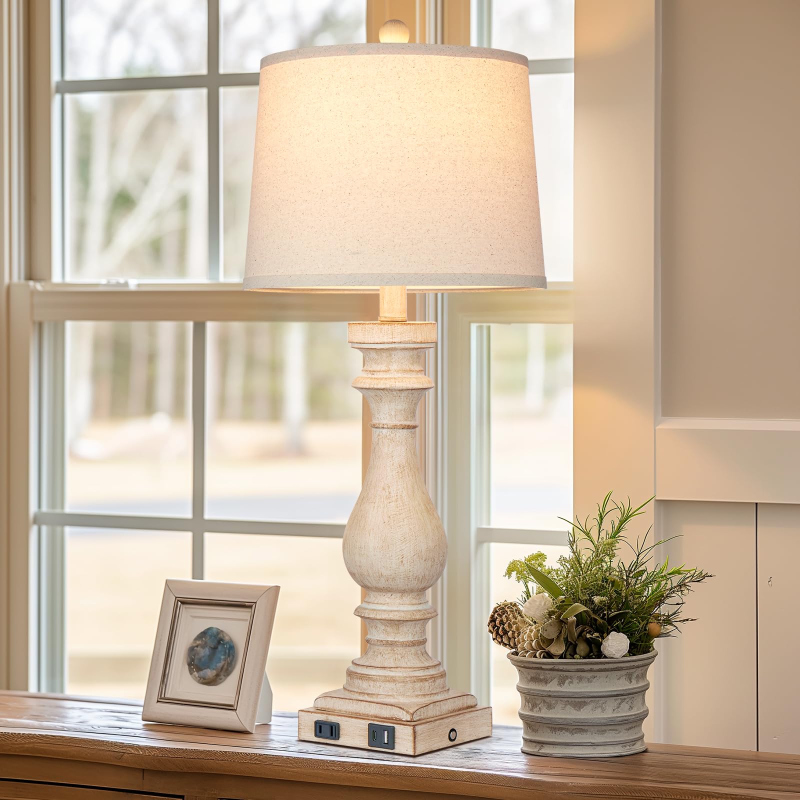 Cinkeda 27.5" Farmhouse Lamp - Vintage Beige Bedside Light with USB Charging, 3-Way Touch Control, Model TD-CK-206-1PK