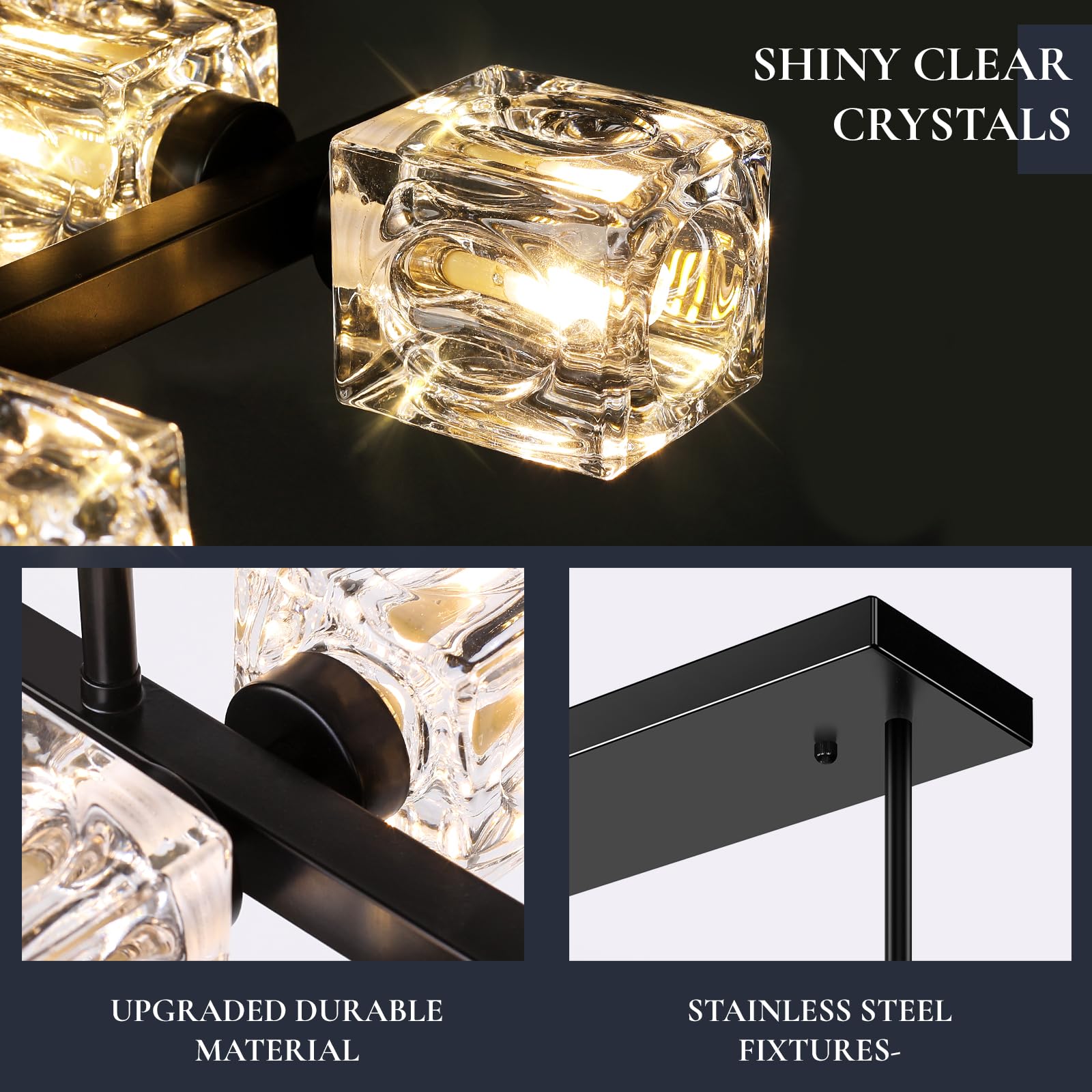 Black Chandeliers For Dining Room, Modern Crystal Pendant Lights Fixture With Cube Shade, 8-Lights Farmhouse Hanging Dining Ligh