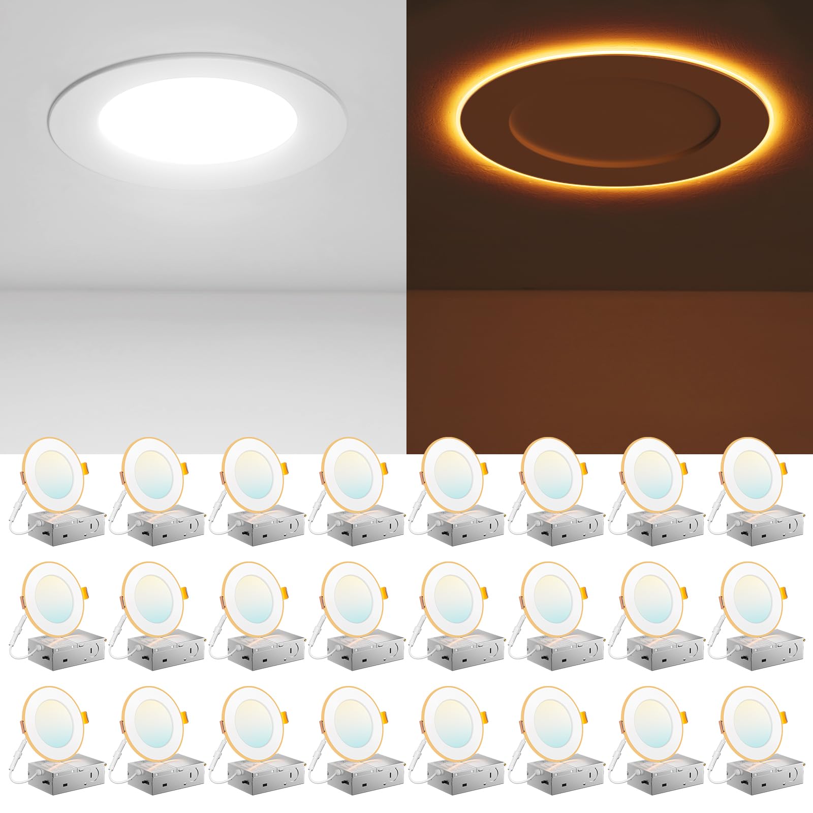 Amico 24 Pack 4 Inch 5Cct Led Recessed Ceiling Light With Night Light, 2700K/3000K/3500K/4000K/5000K Selectable Ultra-Thin Recessed Lighting, 10W=90W, 700Lm, Dimmable Canless Wafer Downlight Etl&Fcc