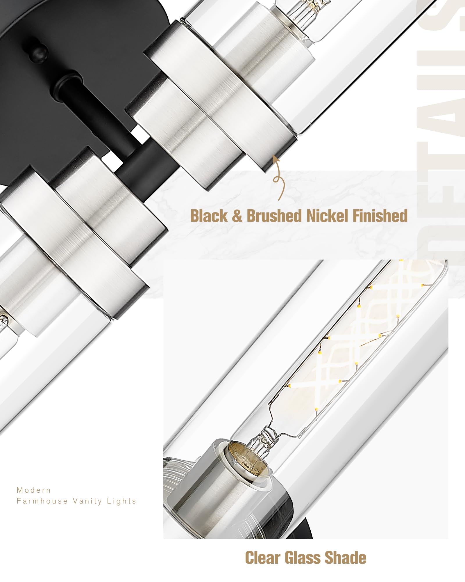 Emak 22 Inch Black And Brushed Nickel Vanity Lights For Mirror, Modern Bathroom Light Fixtures With Clear Glass Shade, 2-Light W