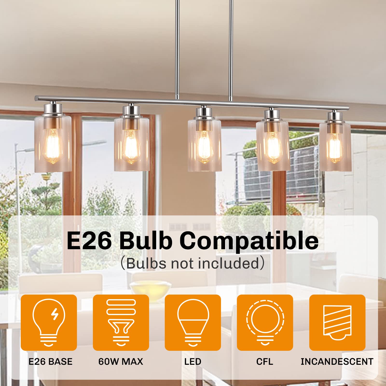 Mavcadonf Kitchen Island Light, 5-Light Pendant Lighting, Farmhouse Dining Room Light Fixtures For Kitchen Island Dining Living Room, Brushed Nickel With Clear Glass Shade
