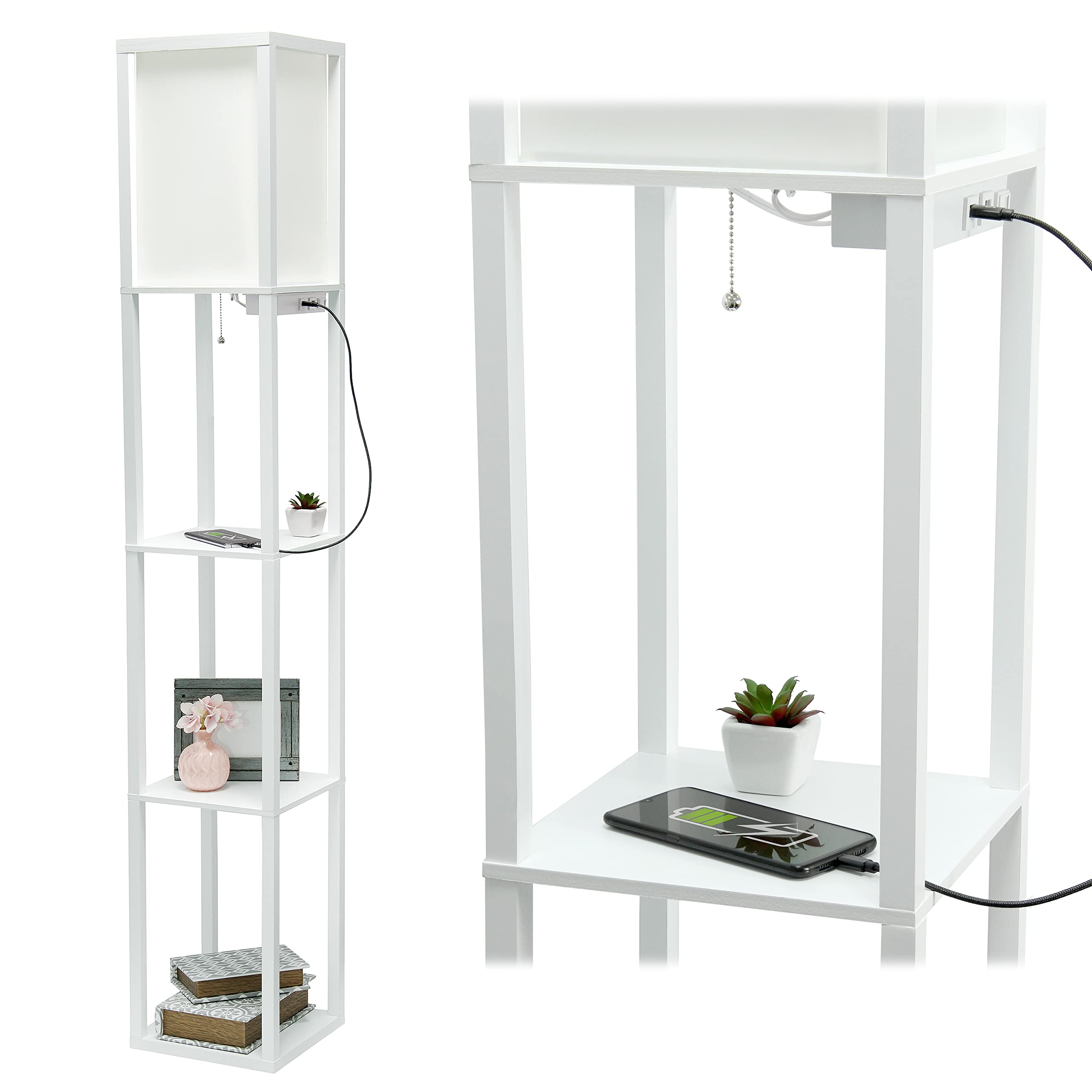 Simple Designs Lf1037-Wht Floor Lamp Etagere Organizer Storage Shelf With 2 Usb Charging Ports, 1 Charging Outlet And Linen Shade, White