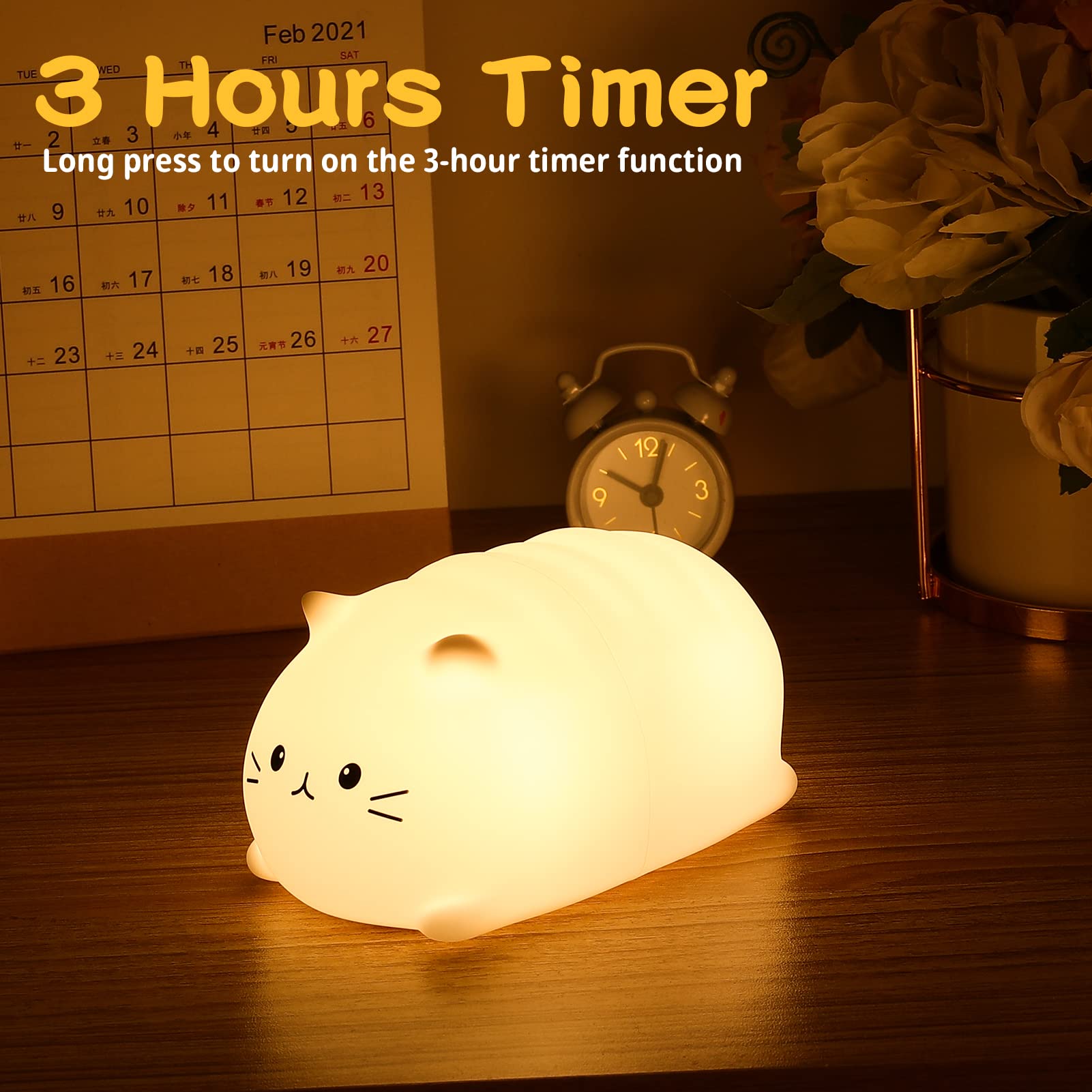 Tremdwoto Cat Lamp - Rechargeable Silicone Night Light, 7 Color Changing, Cat-Lying Size, Ideal for Kids and Nursery