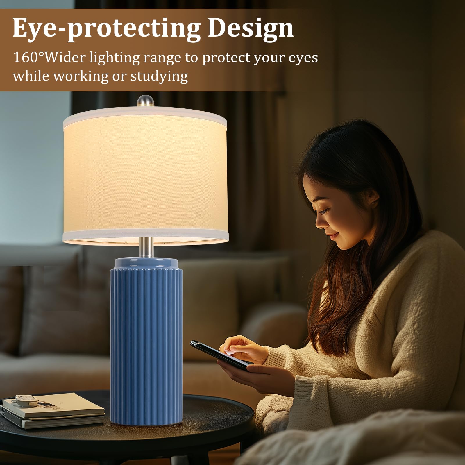 TOBUSA Blue Table Lamps Set of 2, Modern Ceramic Bedside Nightstand Lamps, 23.5’’ Height, White Shade, Model TB0309