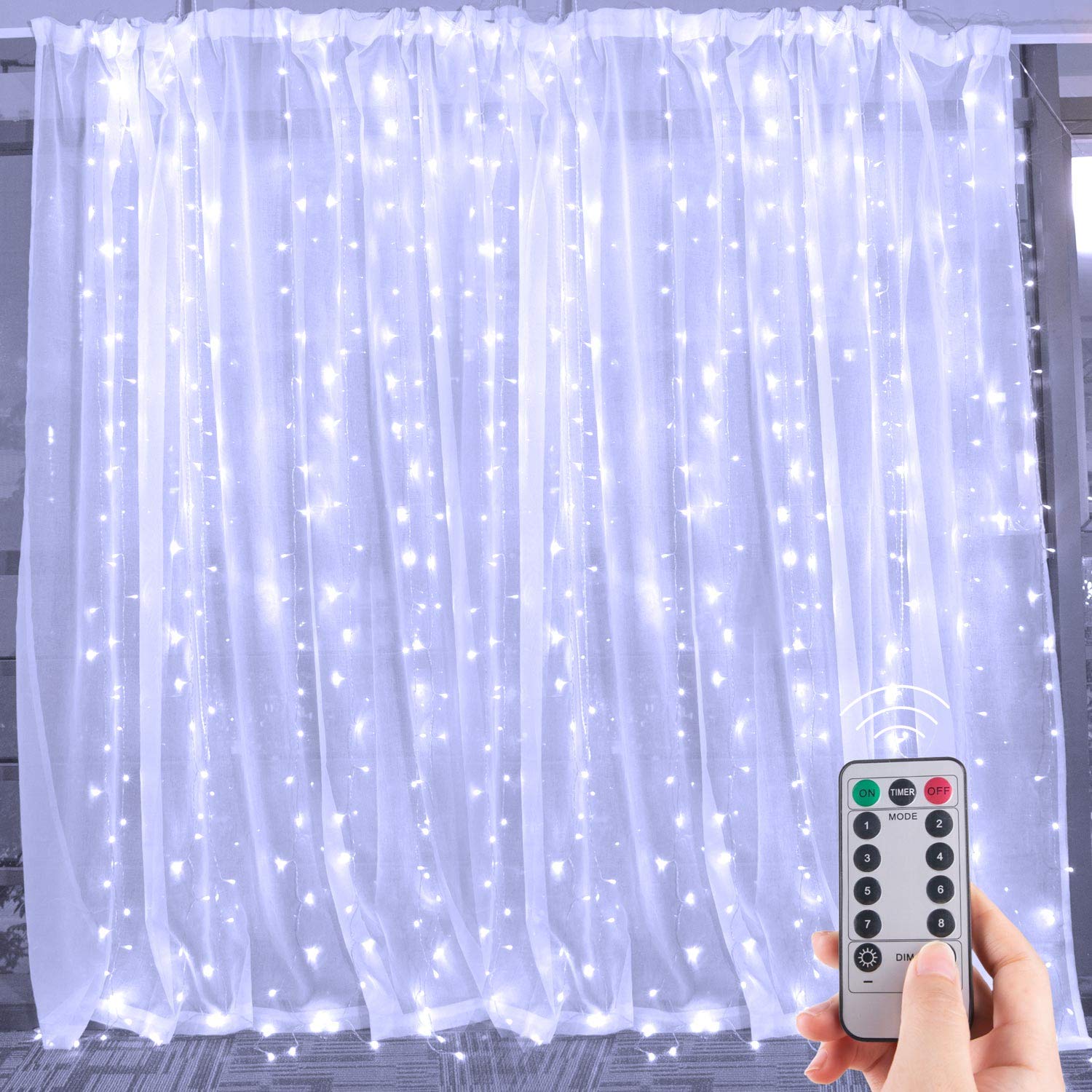 Brightown Curtain Lights 300 LED Dimmable 9.8 Feet Remote 8 Modes Pure White Model GP-SW290DC0209-IP44(US)A