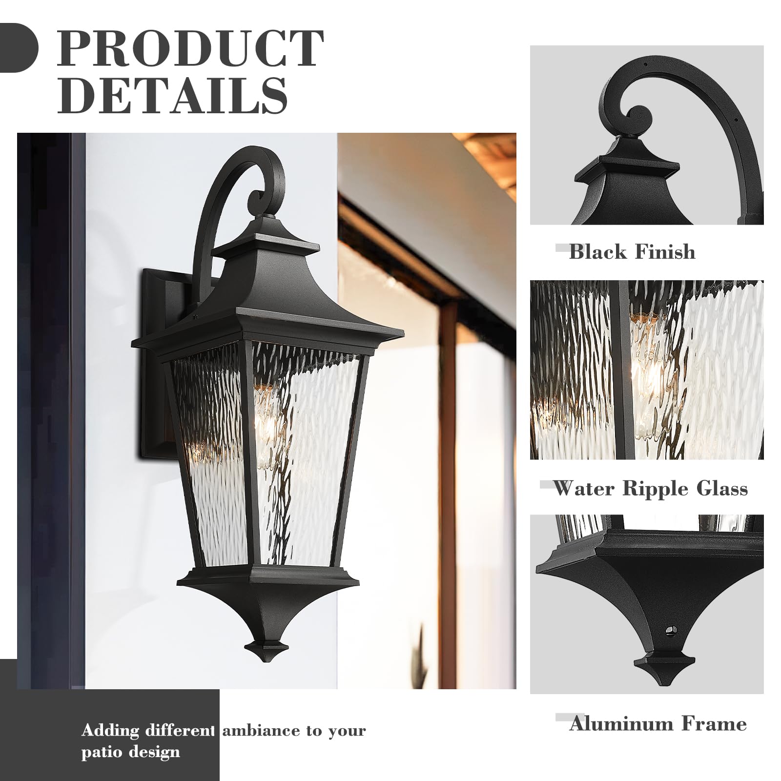 Emliviar 29.3" Waterproof Wall Sconce Light Fixture, Black Finish, Water Ripple Glass Shade, Large Size, Model XE292BL-SW BK