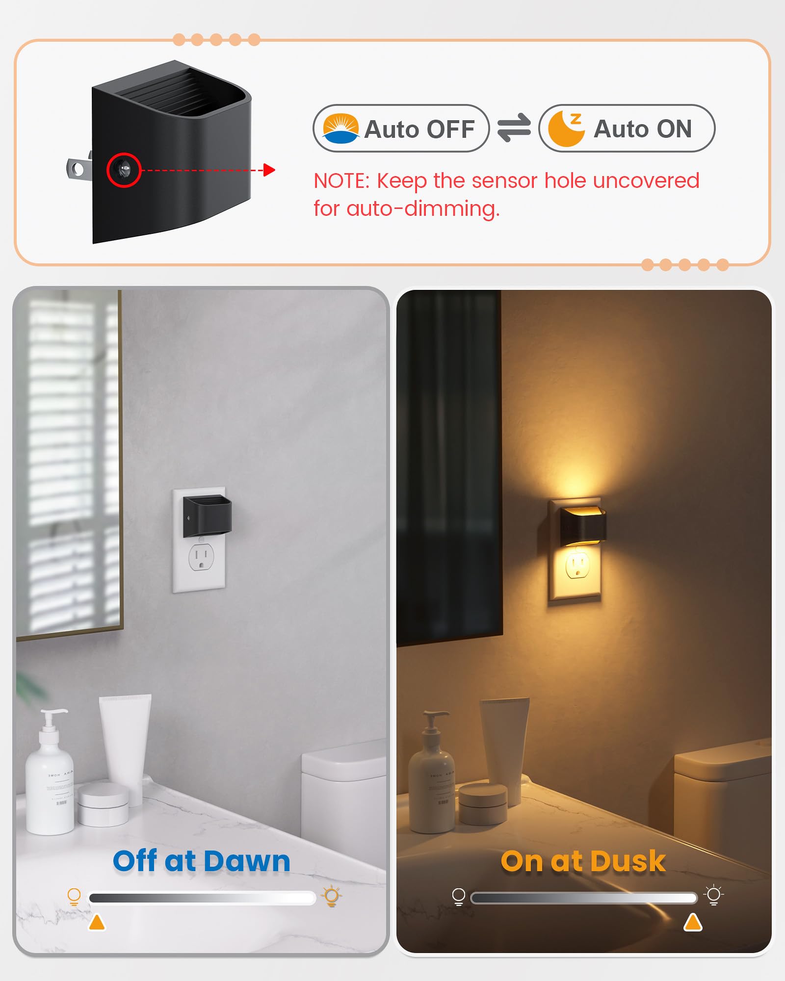 Niorsun Night Lights Plug Into Wall, Auto Brightness Sensor Night Light, 3000K Warm White, Ultra-Slim Wall Light For Hallway Bat