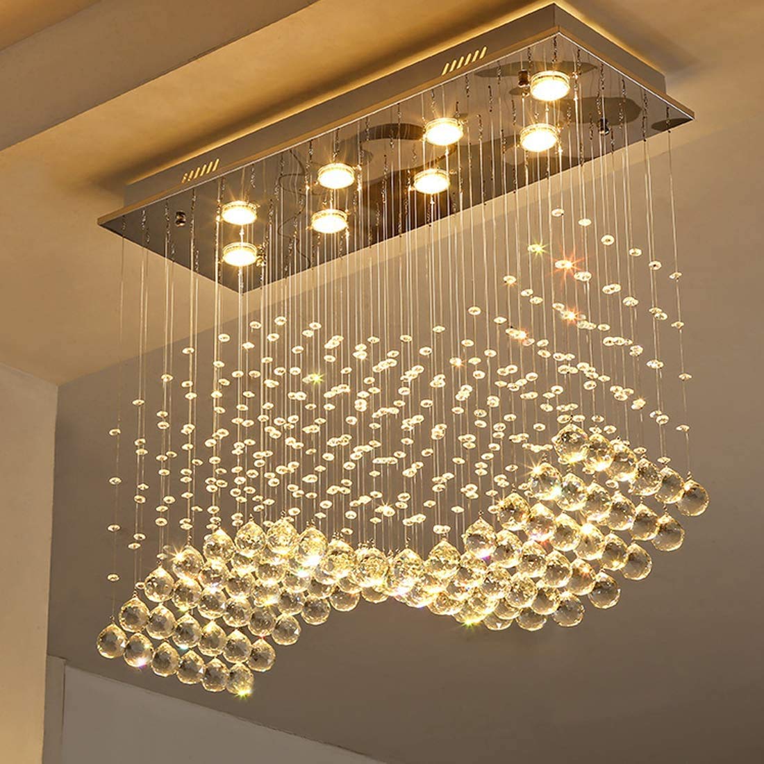 Siljoy Modern Wave Raindrop Crystal Chandelier Rectangular Pendant Flush Mount Ceiling Light For Dining Room Living Room Length