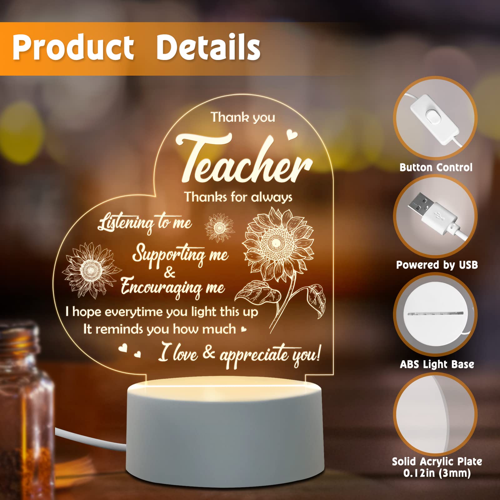 Afterprints Engraved Acrylic Night Light - Teacher Appreciation Gift, White for Retirement, Birthday, Thank You, Farewell