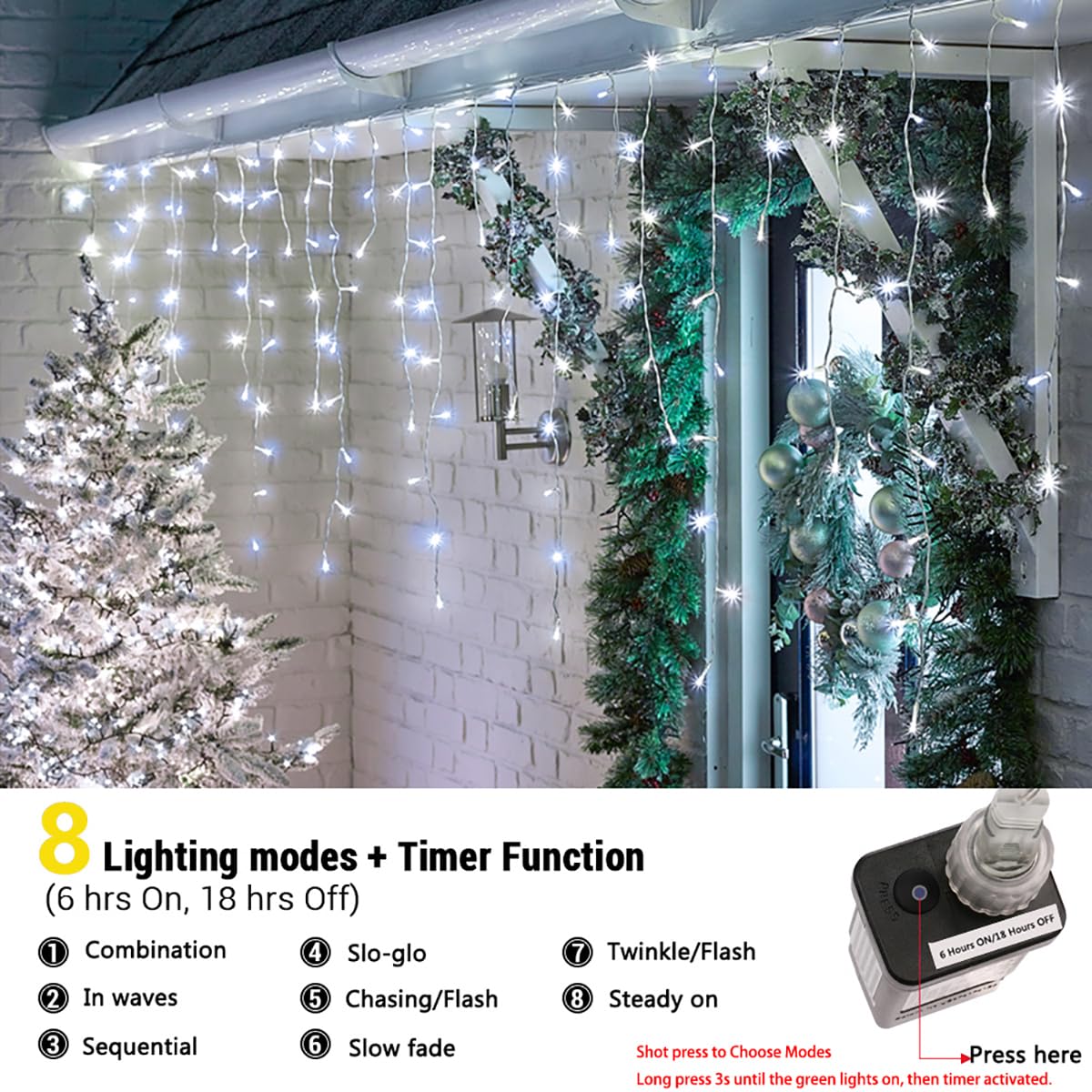 Toodour Icicle Christmas Lights Outdoor, 100Ft 1224 Led Icicle Lights With 204 Drops, 8 Modes Window Curtain Icicle Fairy Twinkl